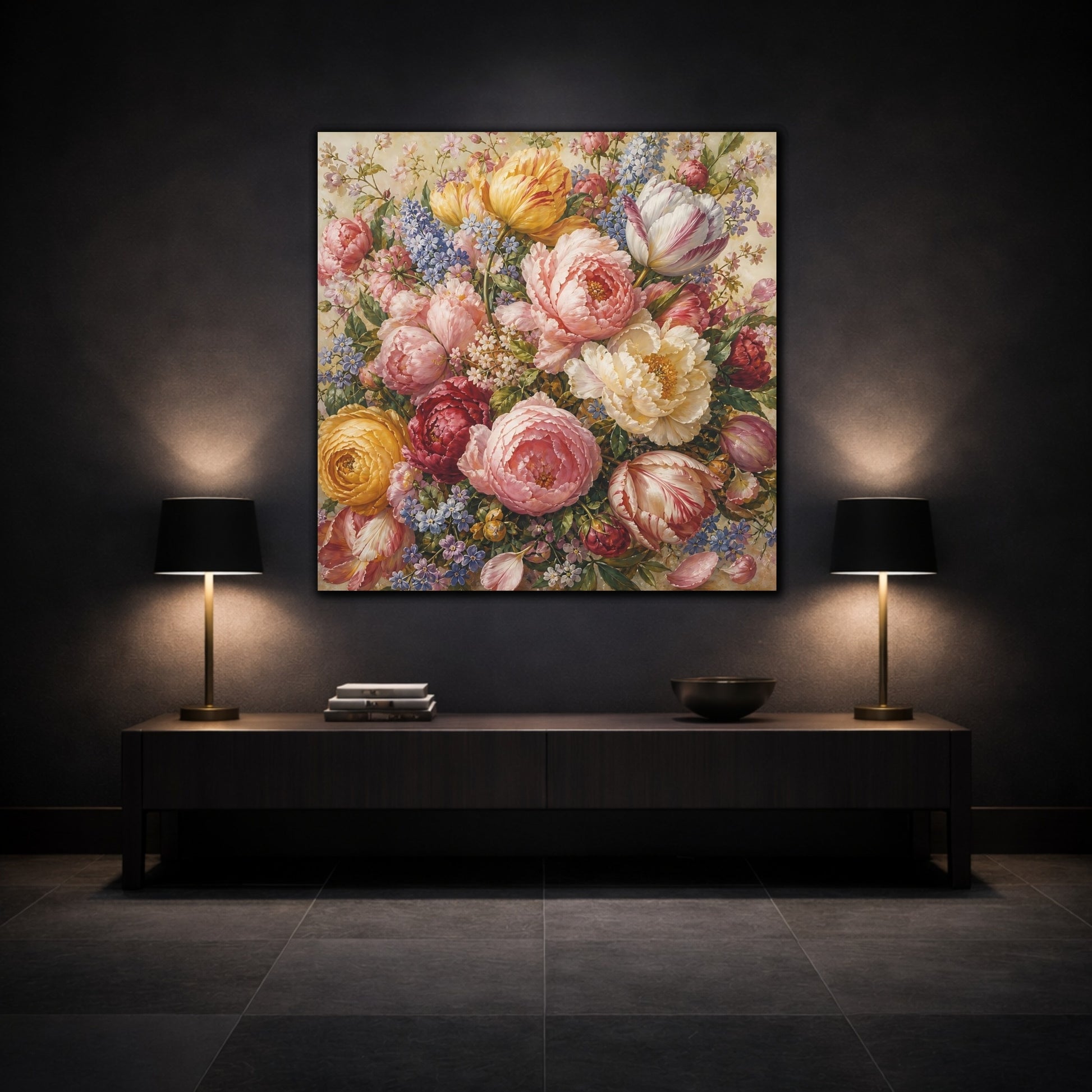 Mockup 3. Floral Floral Bouquet Vibrant Floral shown as stretched canvas wall art