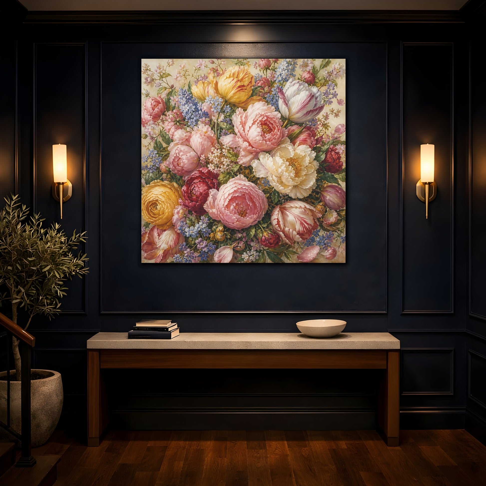 Mockup 4. Floral Floral Bouquet Vibrant Floral shown as stretched canvas wall art