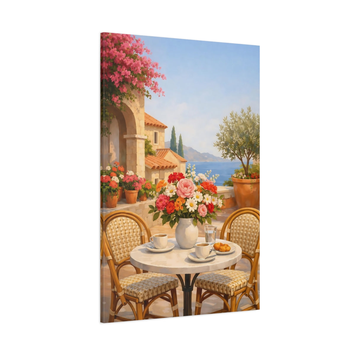 Main Mockup. Floral Floral Bouquet Vibrant Floral Terrace shown as stretched canvas wall art