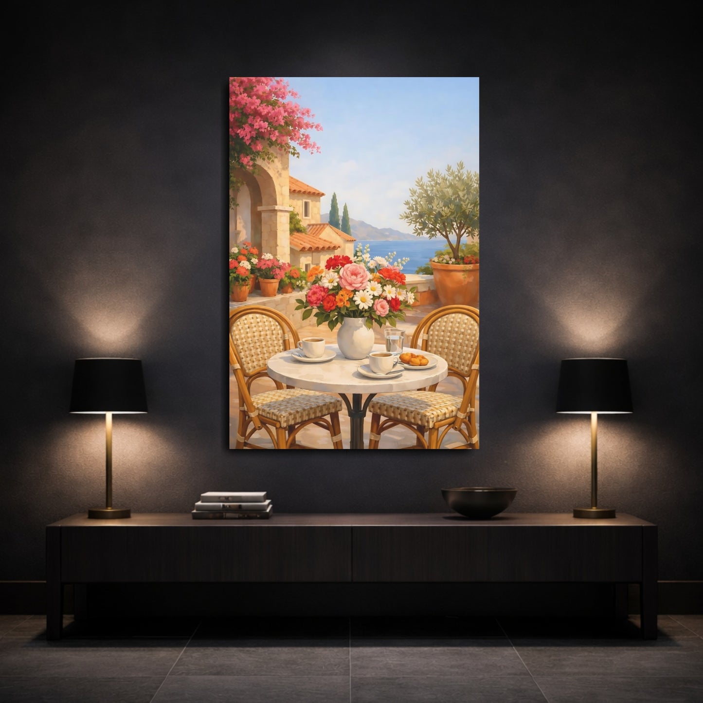 Mockup 2. Floral Floral Bouquet Vibrant Floral Terrace shown as stretched canvas wall art