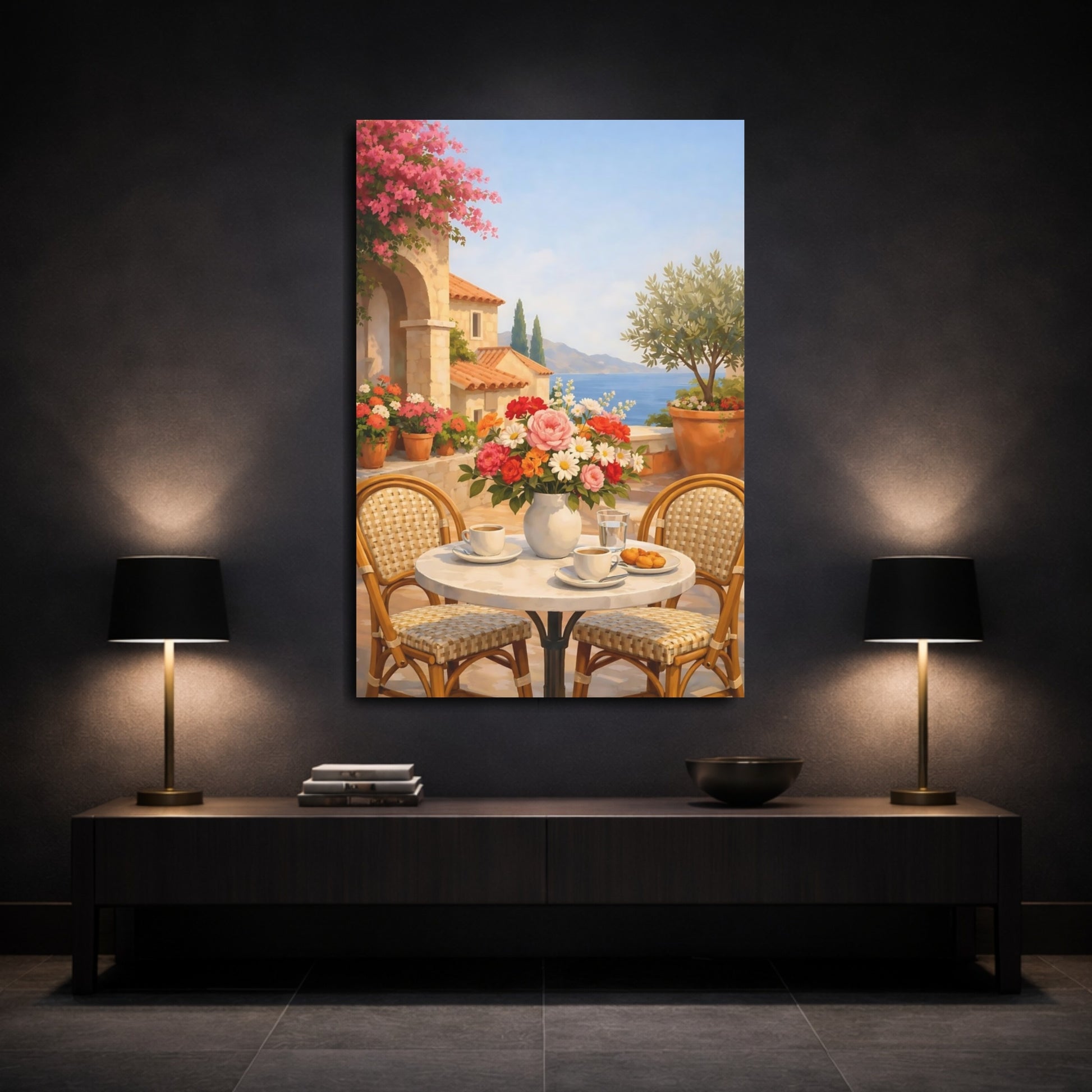 Mockup 2. Floral Floral Bouquet Vibrant Floral Terrace shown as stretched canvas wall art