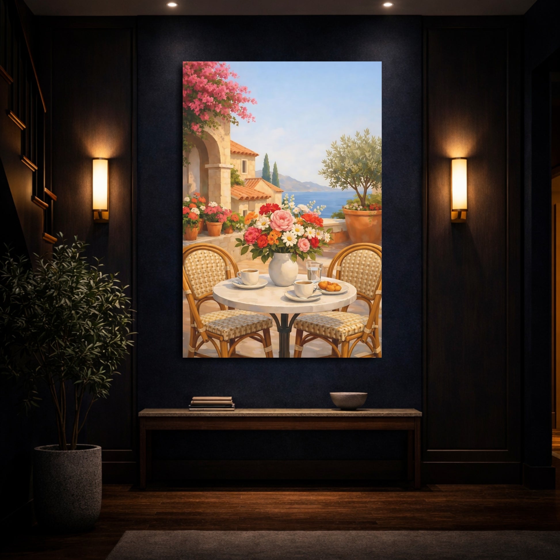 Mockup 3. Floral Floral Bouquet Vibrant Floral Terrace shown as stretched canvas wall art