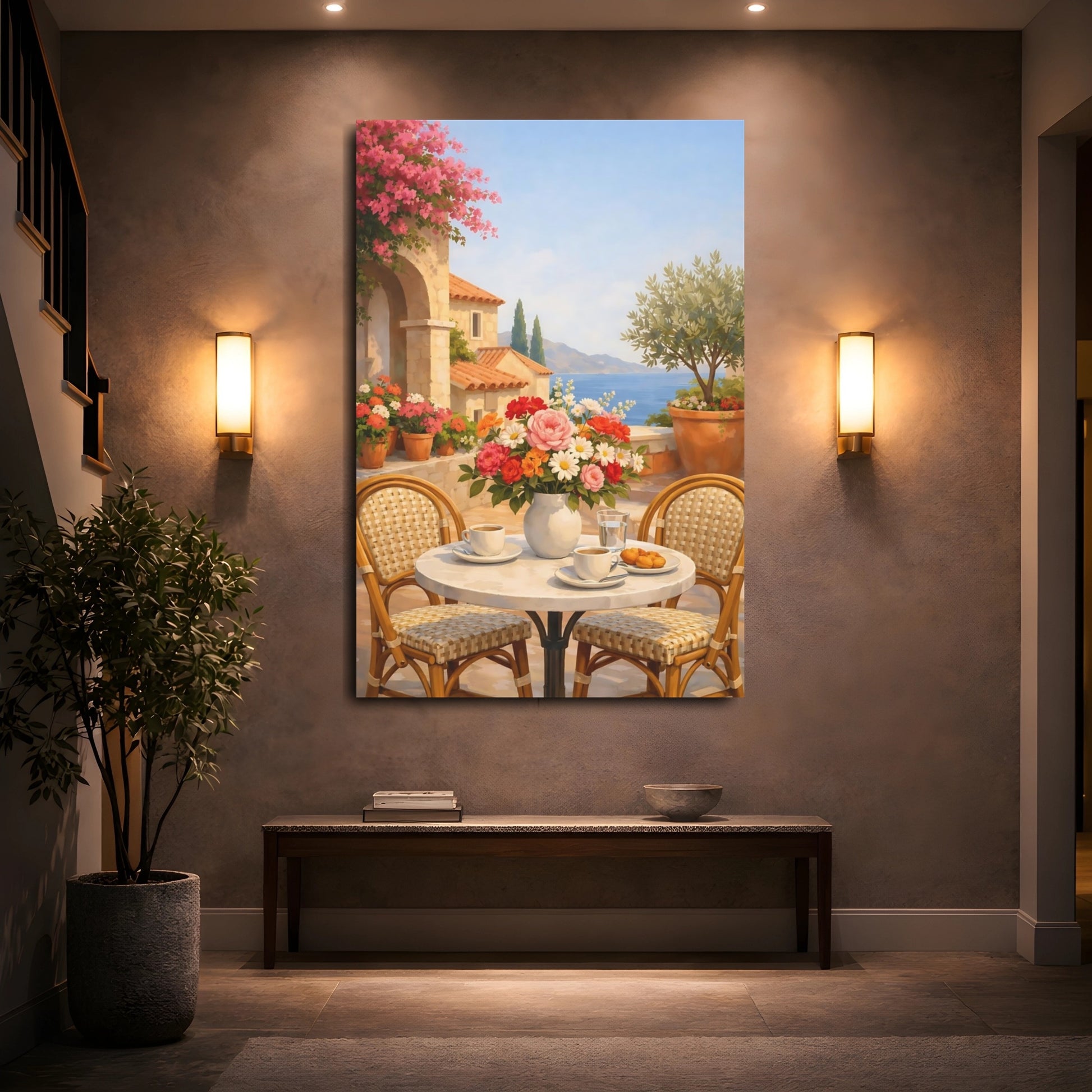 Mockup 4. Floral Floral Bouquet Vibrant Floral Terrace shown as stretched canvas wall art