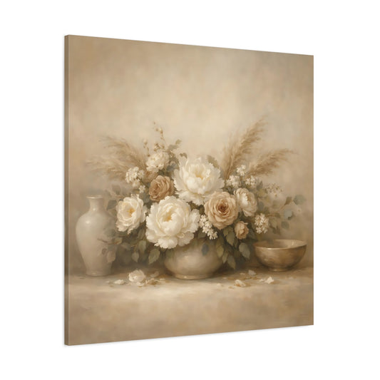 Main Mockup. Floral Floral Bouquet Vintage Beige Floral shown as stretched canvas wall art