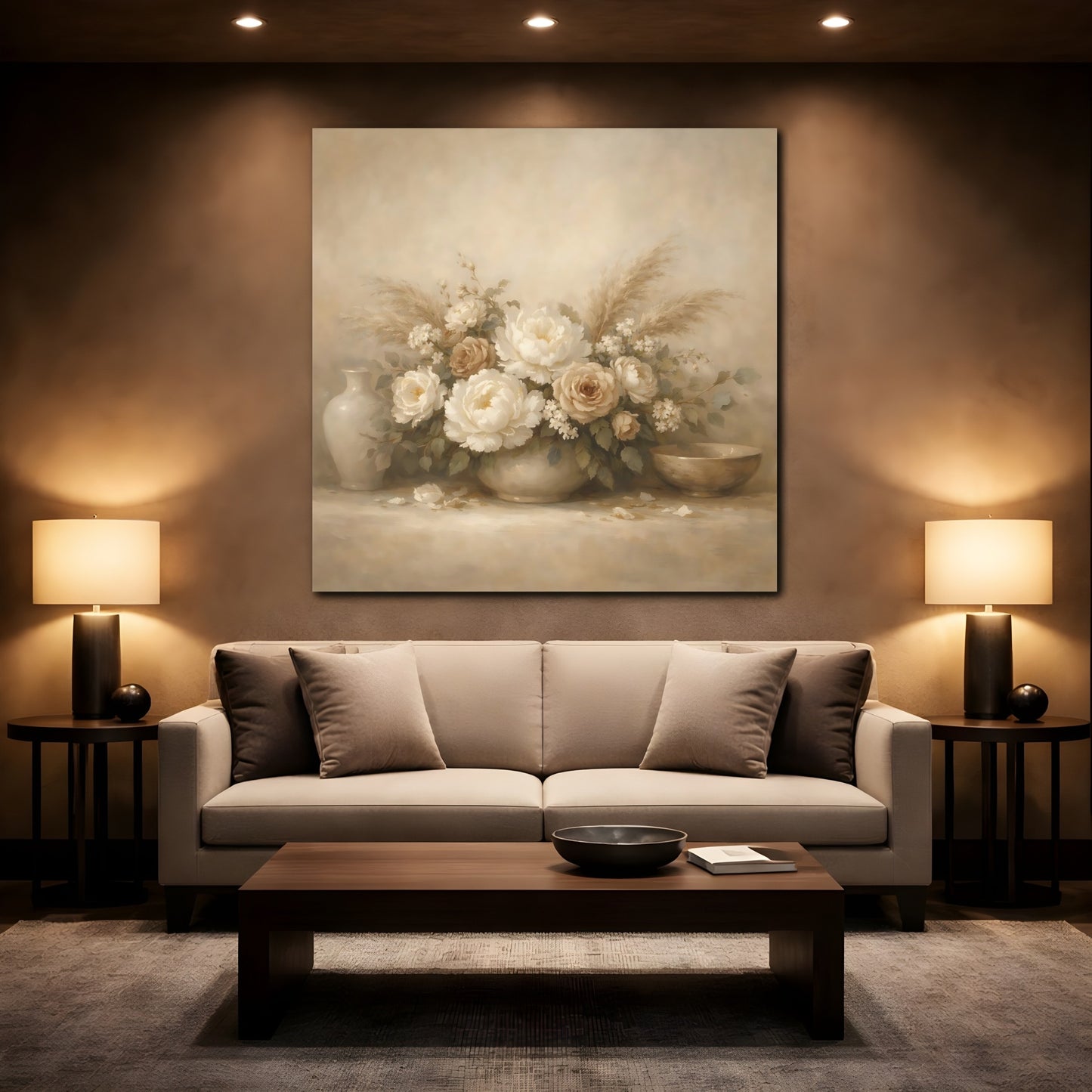 Mockup 2. Floral Floral Bouquet Vintage Beige Floral shown as stretched canvas wall art