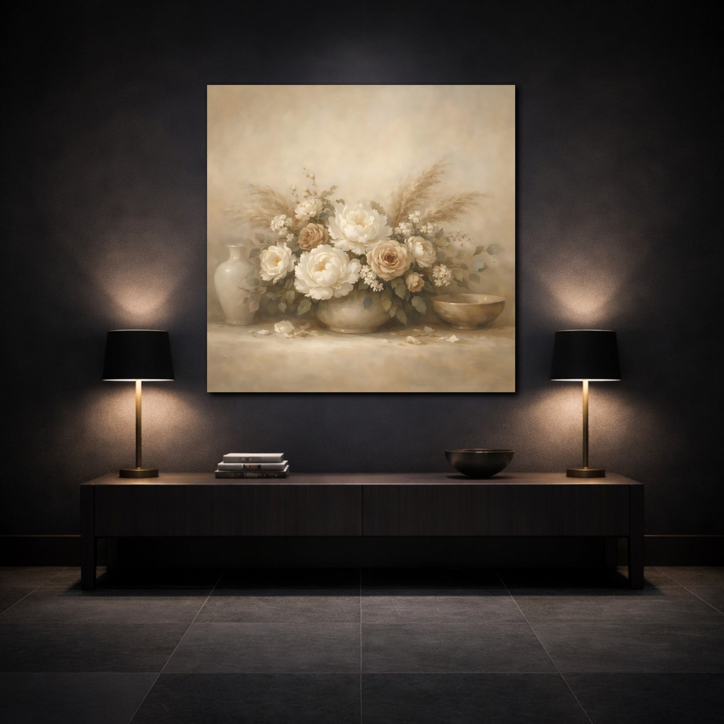 Mockup 3. Floral Floral Bouquet Vintage Beige Floral shown as stretched canvas wall art