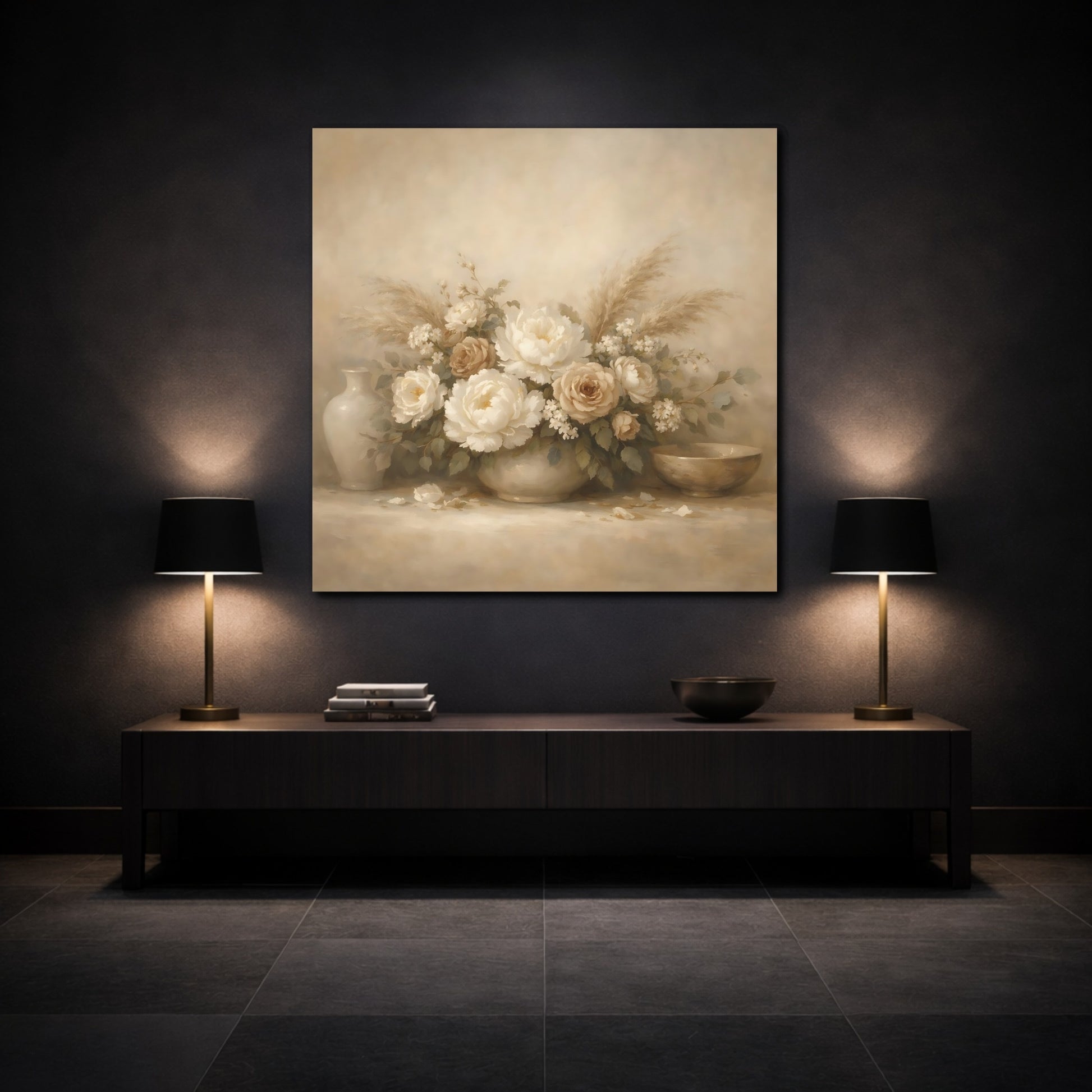 Mockup 3. Floral Floral Bouquet Vintage Beige Floral shown as stretched canvas wall art