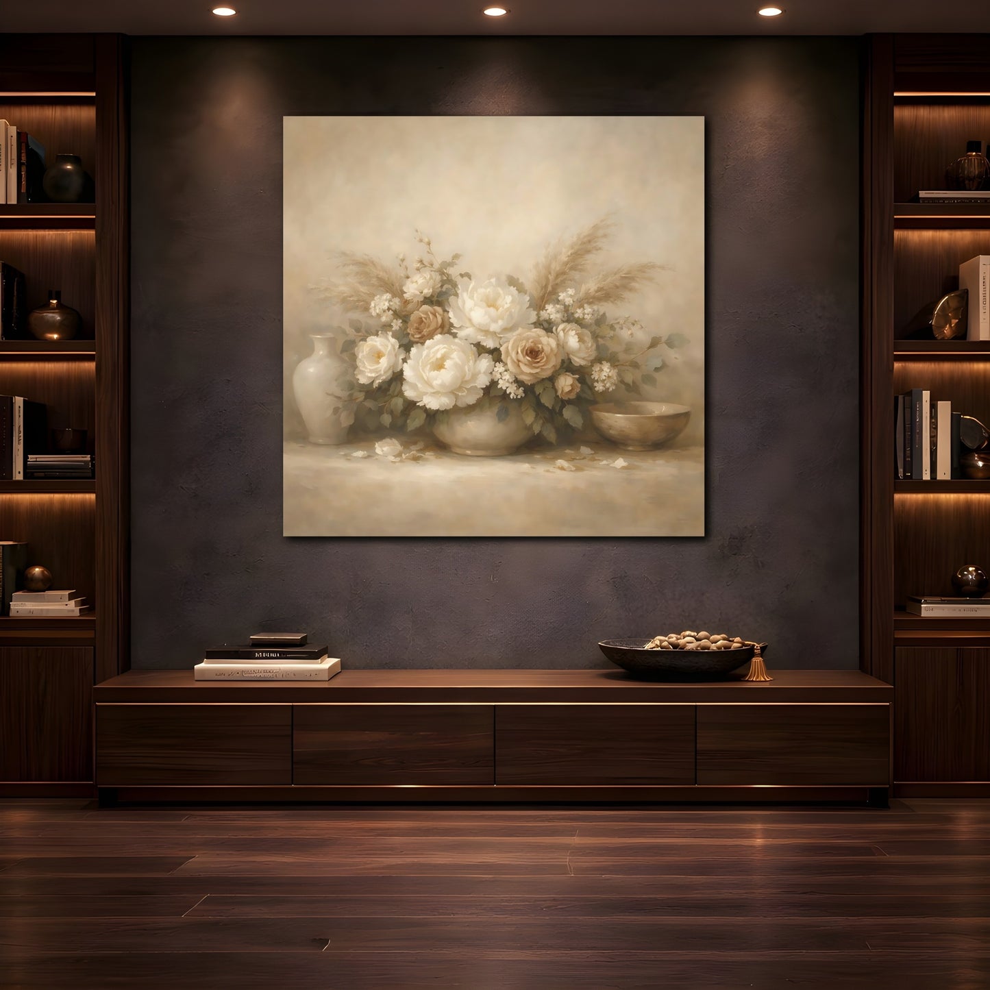 Mockup 4. Floral Floral Bouquet Vintage Beige Floral shown as stretched canvas wall art
