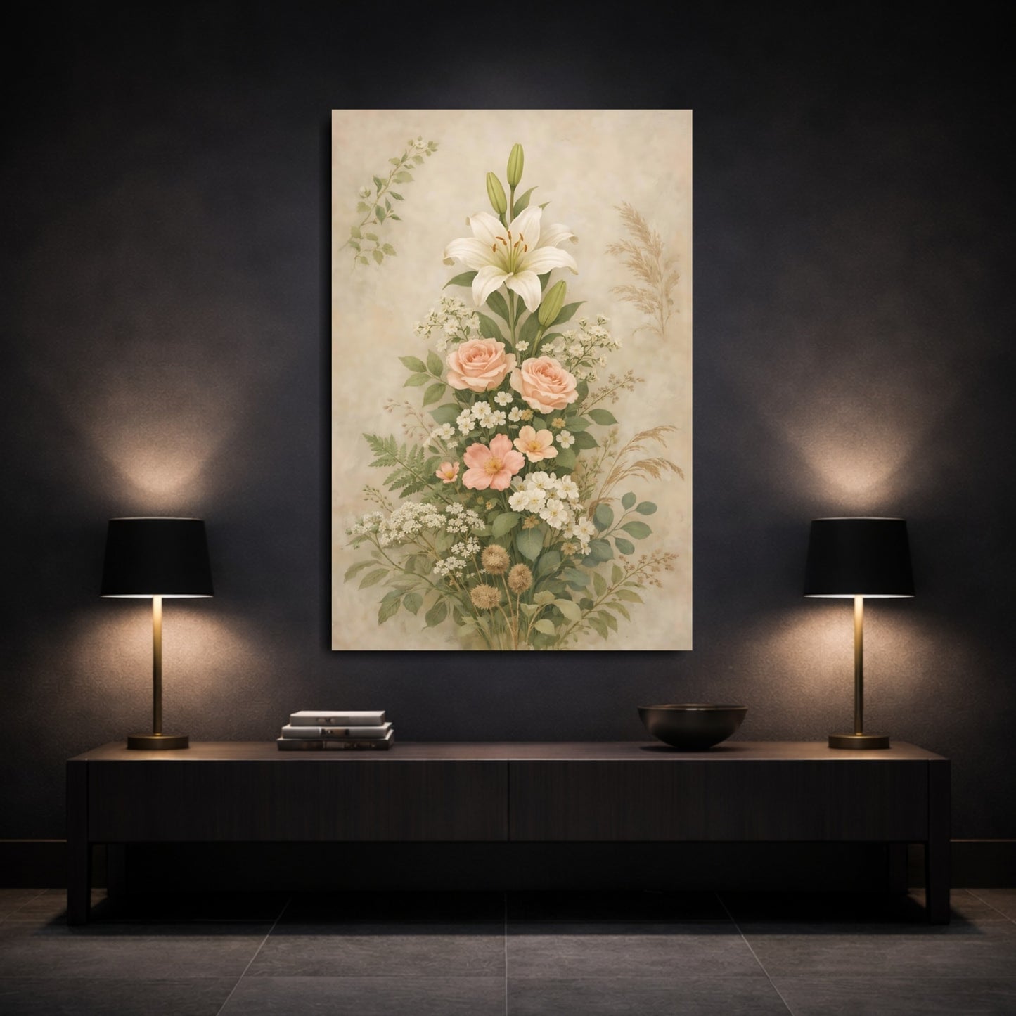 Floral Floral Bouquet Vintage Floral Arrangement shown as front canvas room wall art