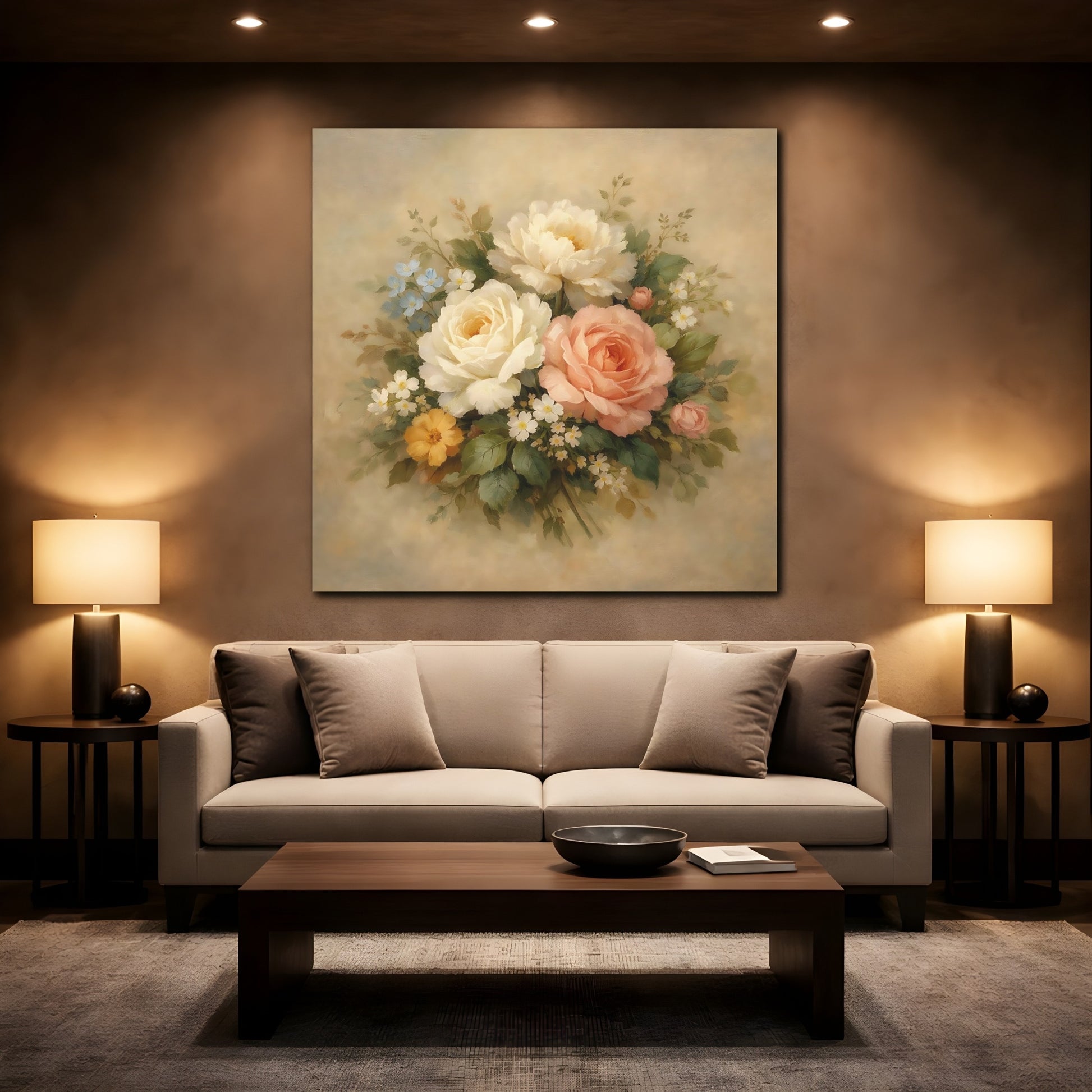 Mockup 2. Floral Floral Bouquet Vintage Floral Pastel shown as stretched canvas wall art