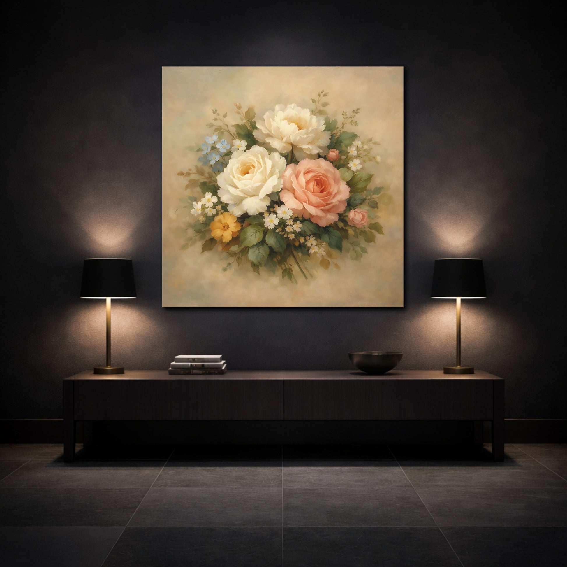 Mockup 3. Floral Floral Bouquet Vintage Floral Pastel shown as stretched canvas wall art
