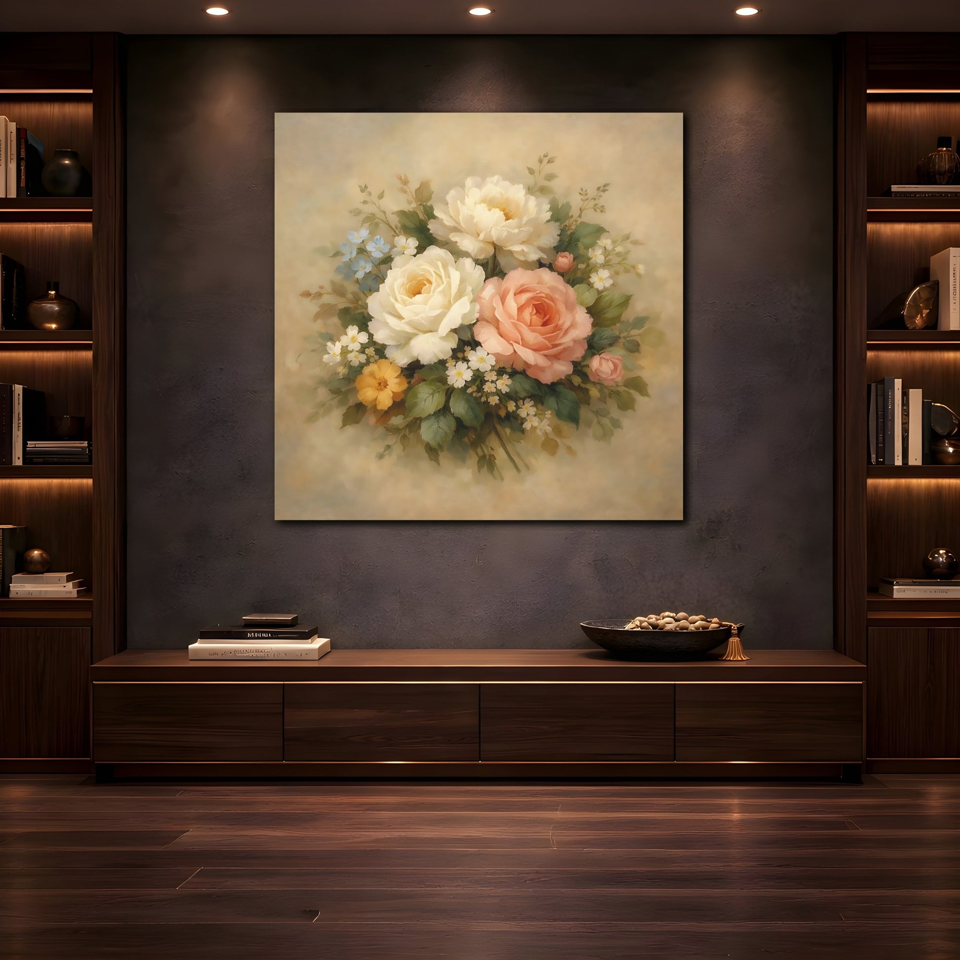 Mockup 4. Floral Floral Bouquet Vintage Floral Pastel shown as stretched canvas wall art