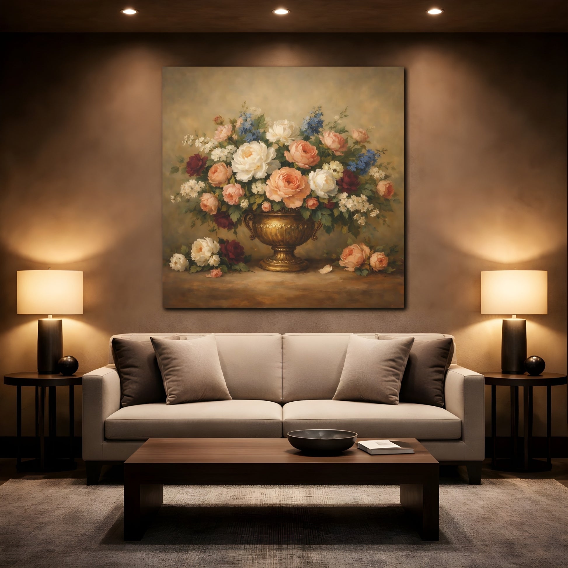 Mockup 2. Floral Floral Bouquet Vintage Floral Still Life shown as stretched canvas wall art