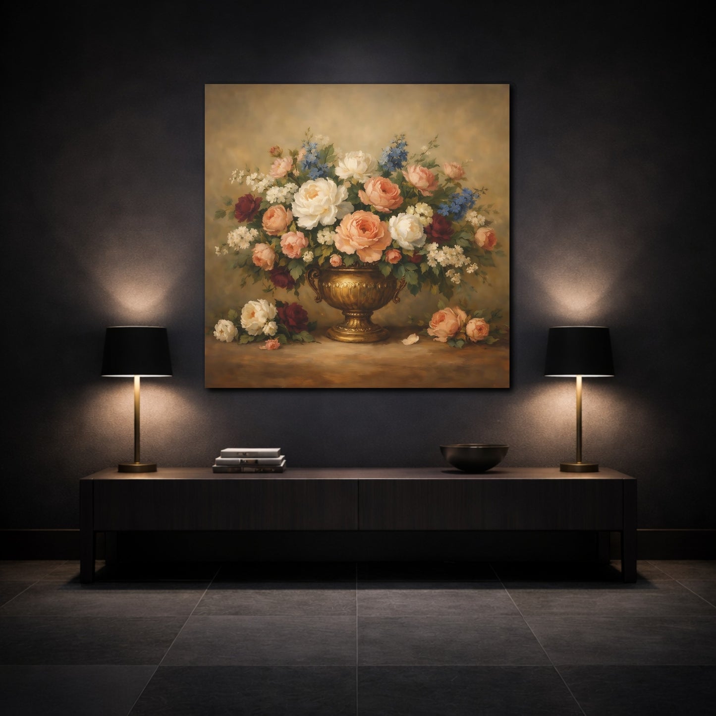 Mockup 3. Floral Floral Bouquet Vintage Floral Still Life shown as stretched canvas wall art