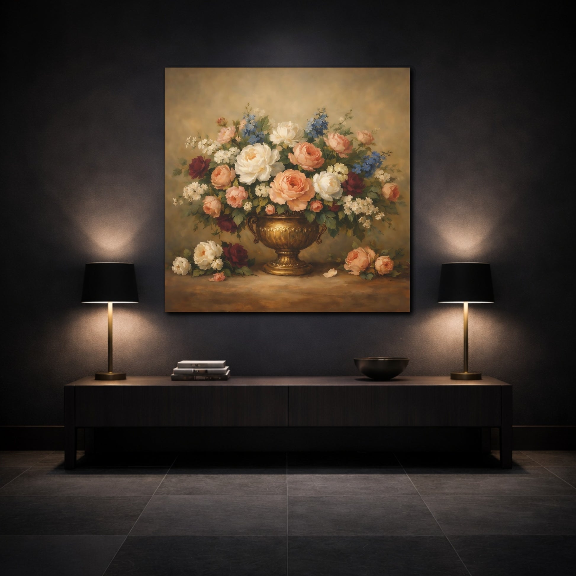 Mockup 3. Floral Floral Bouquet Vintage Floral Still Life shown as stretched canvas wall art
