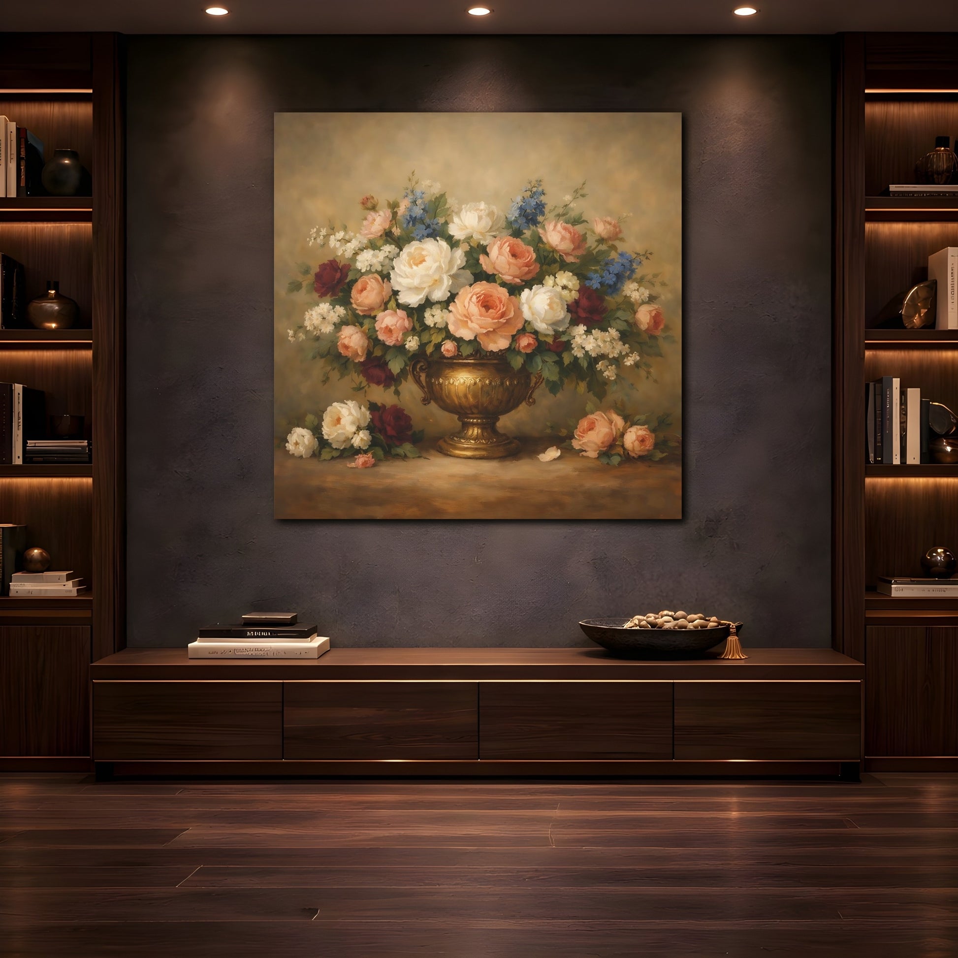Mockup 4. Floral Floral Bouquet Vintage Floral Still Life shown as stretched canvas wall art