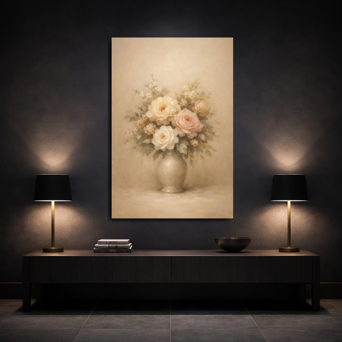 Mockup 2. Floral Floral Bouquet Vintage Pastel Floral shown as stretched canvas wall art