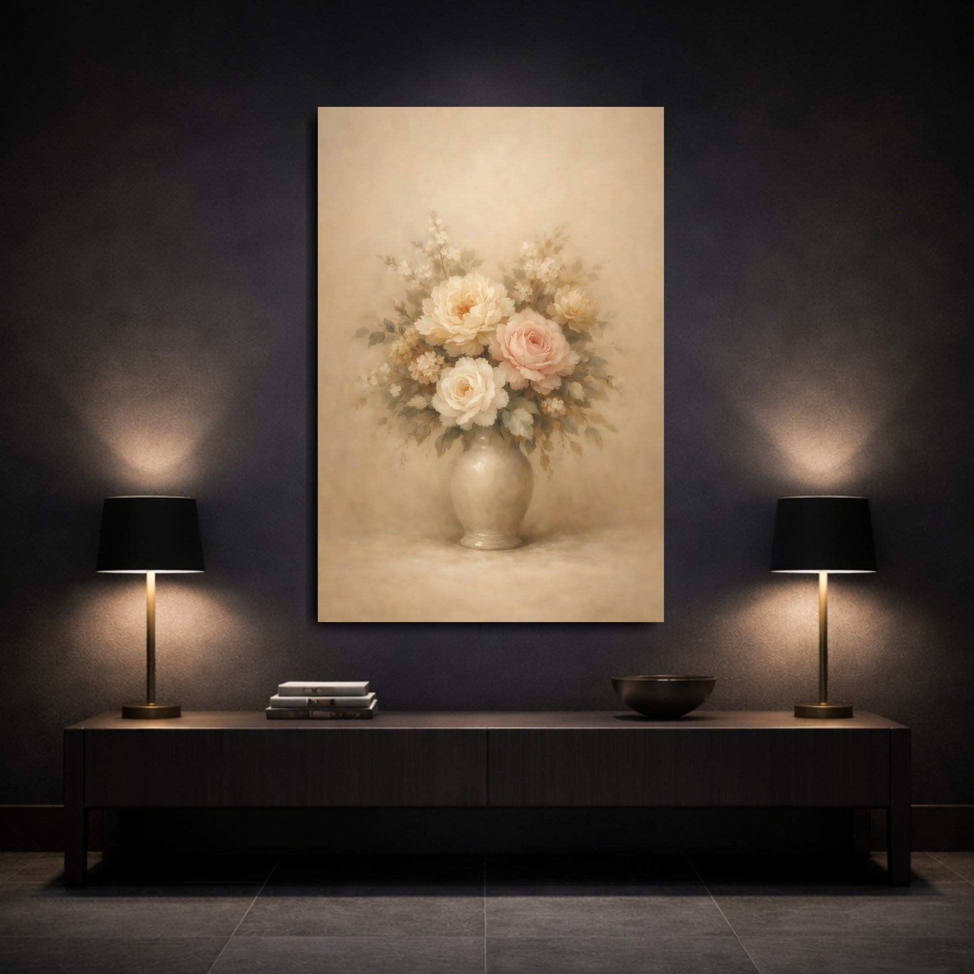 Mockup 2. Floral Floral Bouquet Vintage Pastel Floral shown as stretched canvas wall art