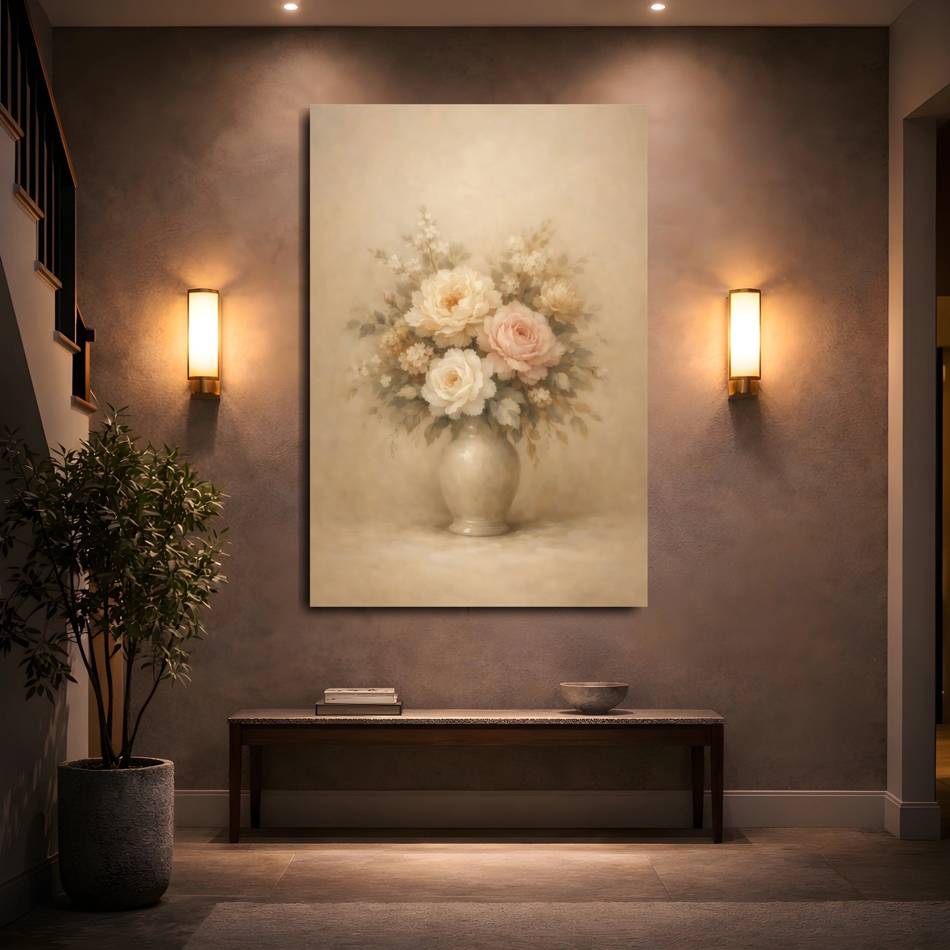 Mockup 4. Floral Floral Bouquet Vintage Pastel Floral shown as stretched canvas wall art
