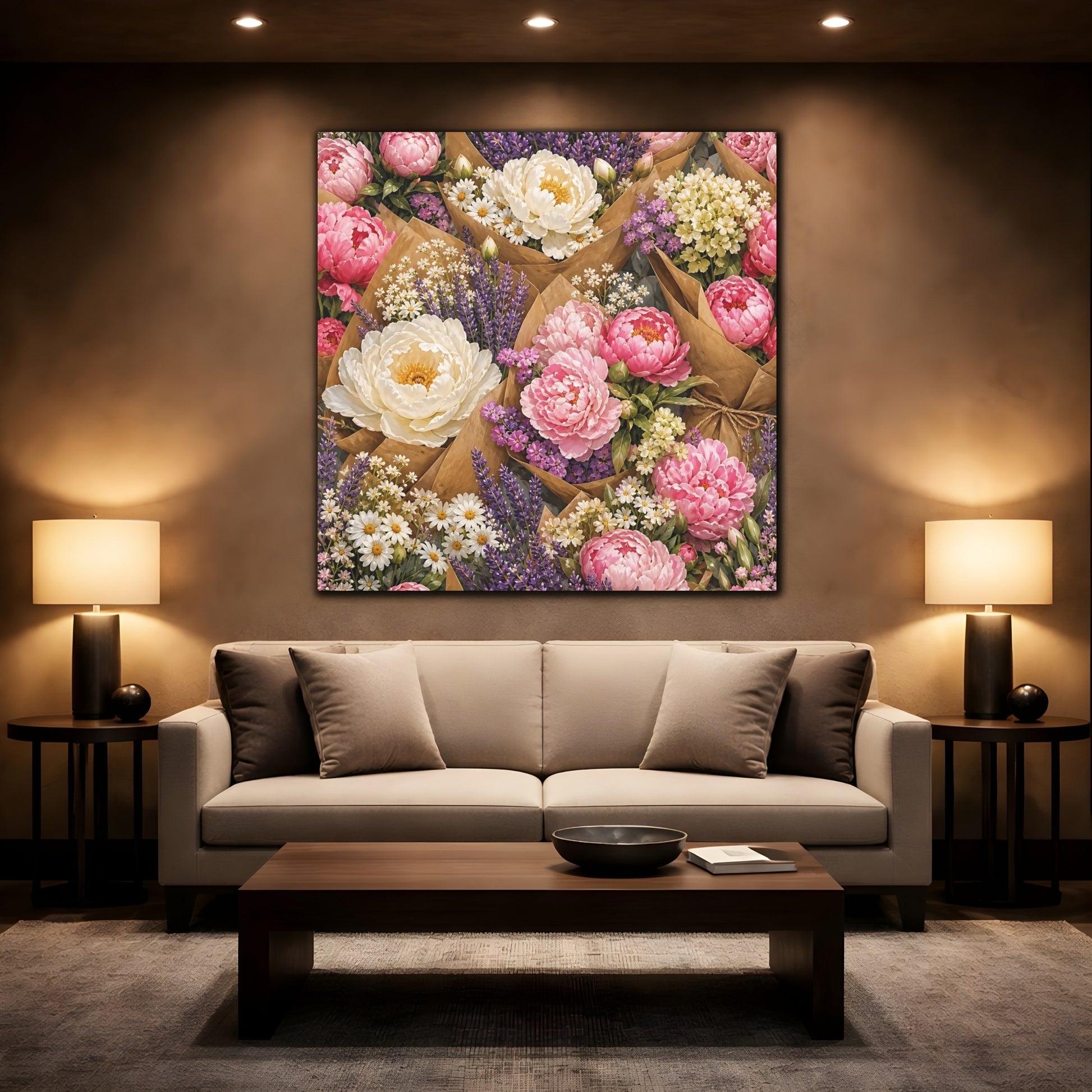 Mockup 2. Floral Floral Bouquets Pink Lavender Bouquets shown as stretched canvas wall art