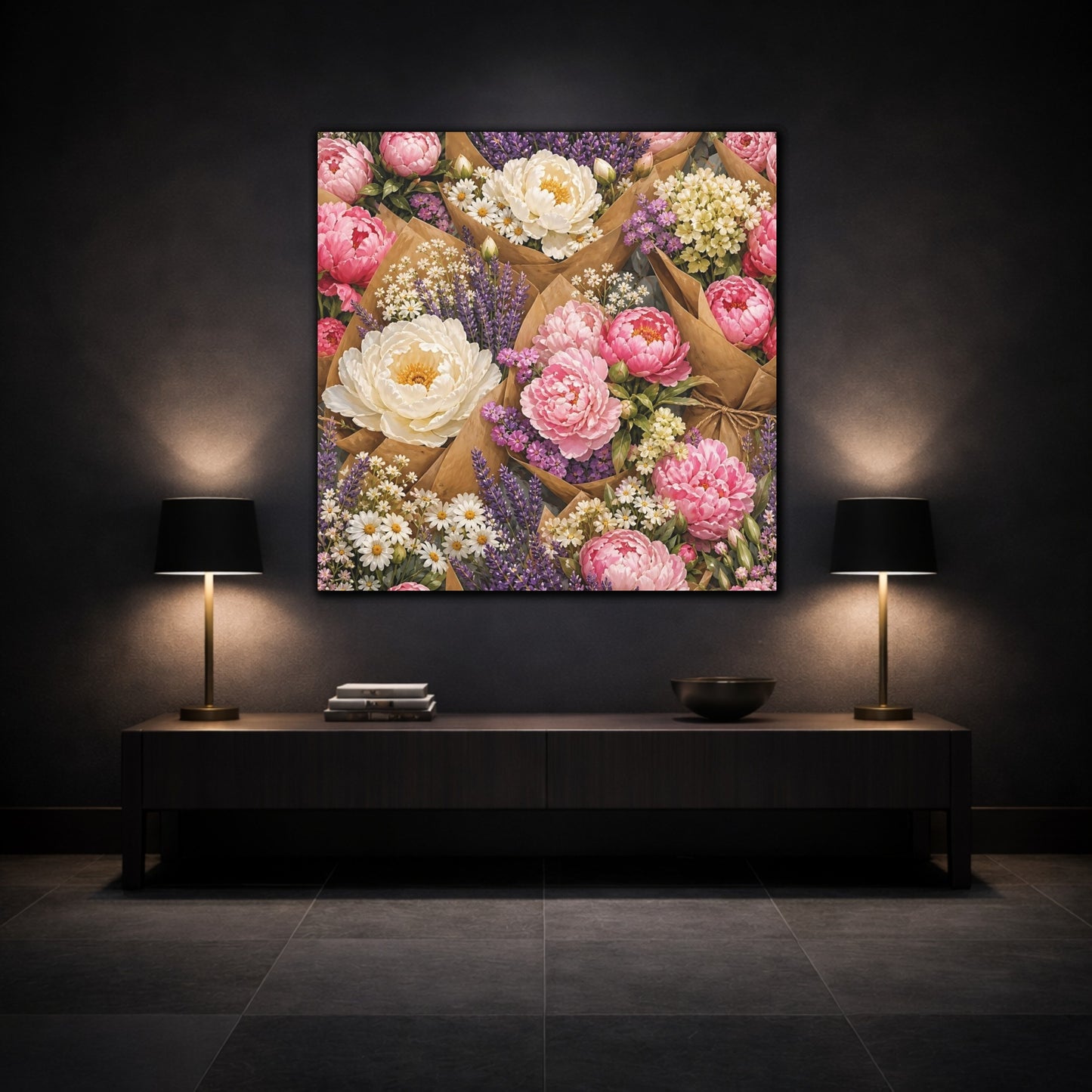 Mockup 3. Floral Floral Bouquets Pink Lavender Bouquets shown as stretched canvas wall art