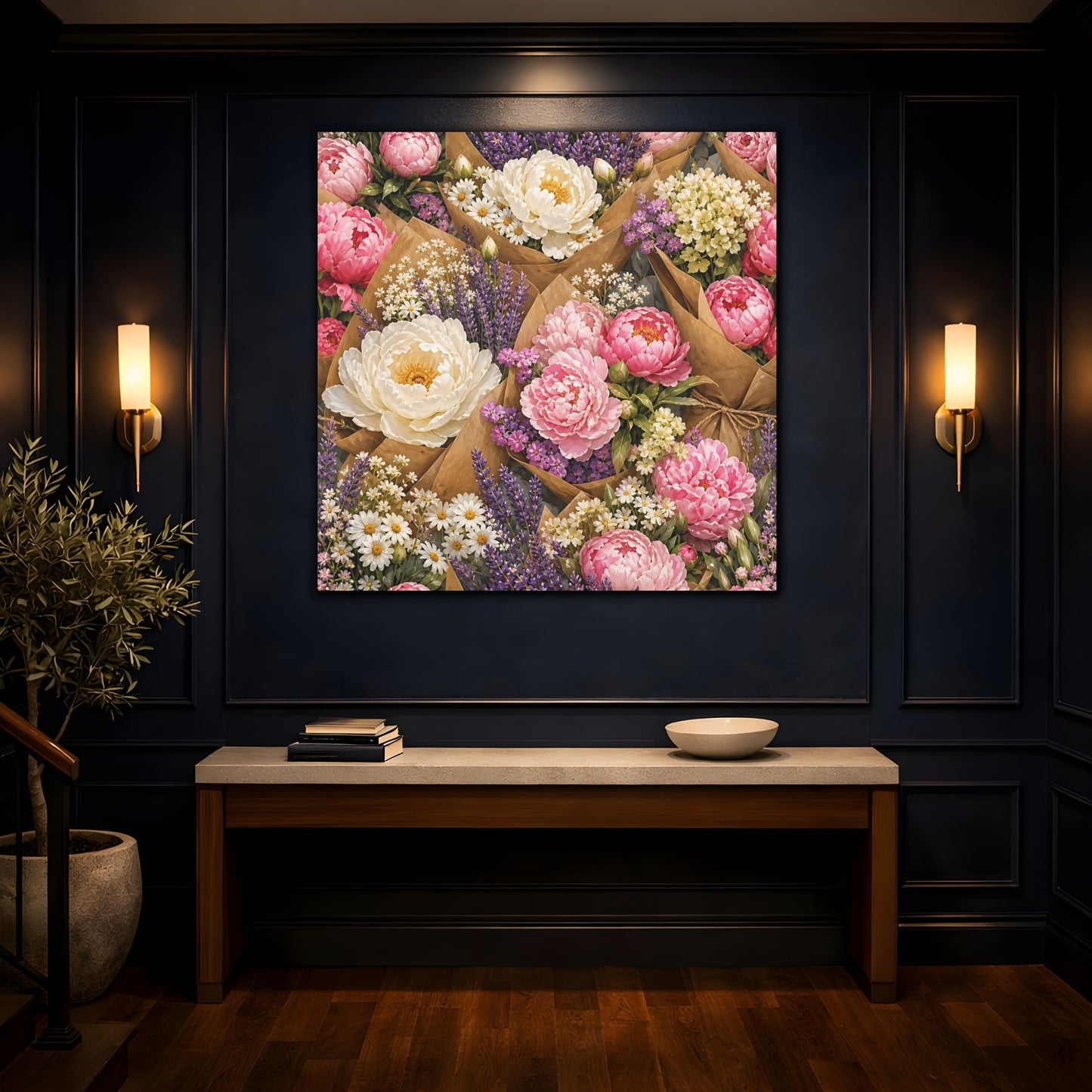 Mockup 4. Floral Floral Bouquets Pink Lavender Bouquets shown as stretched canvas wall art