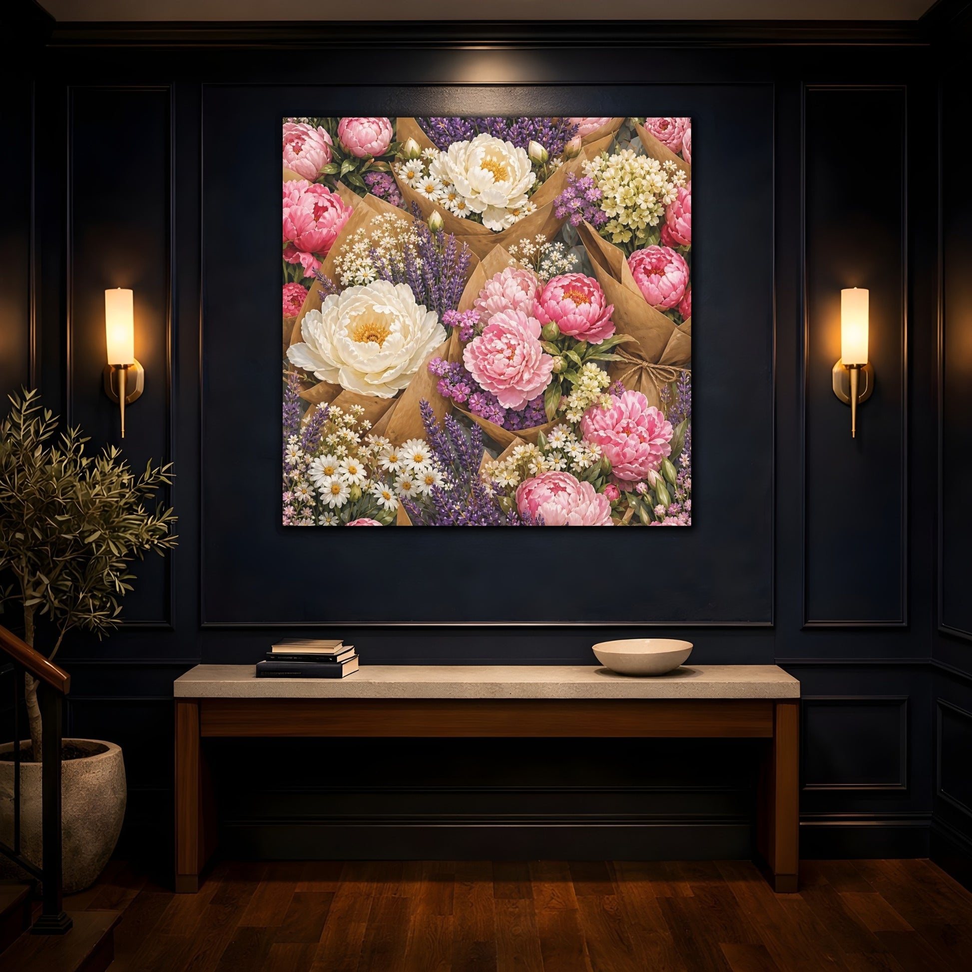 Mockup 4. Floral Floral Bouquets Pink Lavender Bouquets shown as stretched canvas wall art