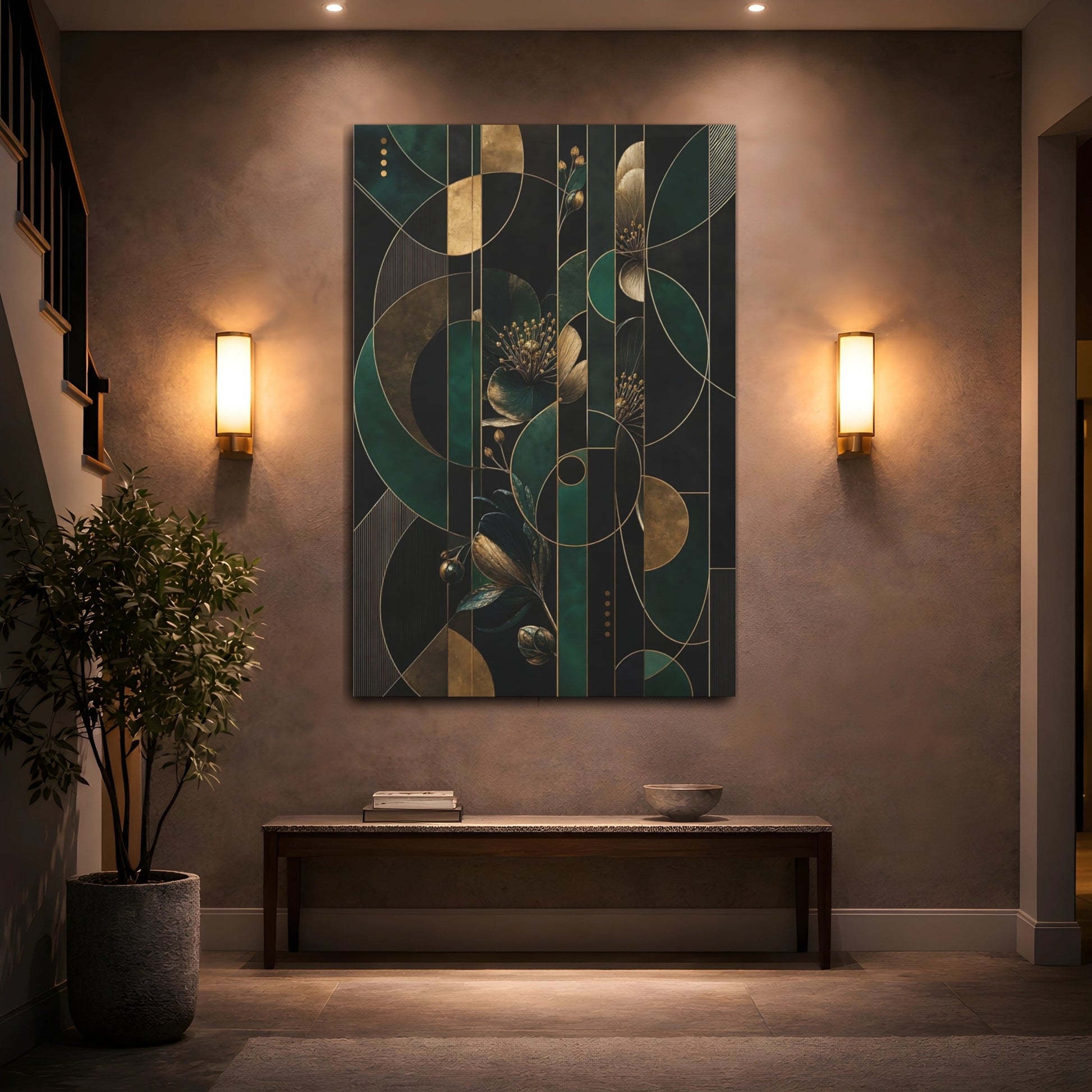 Mockup 2. Floral Floral Design Emerald Green Gold shown as stretched canvas wall art