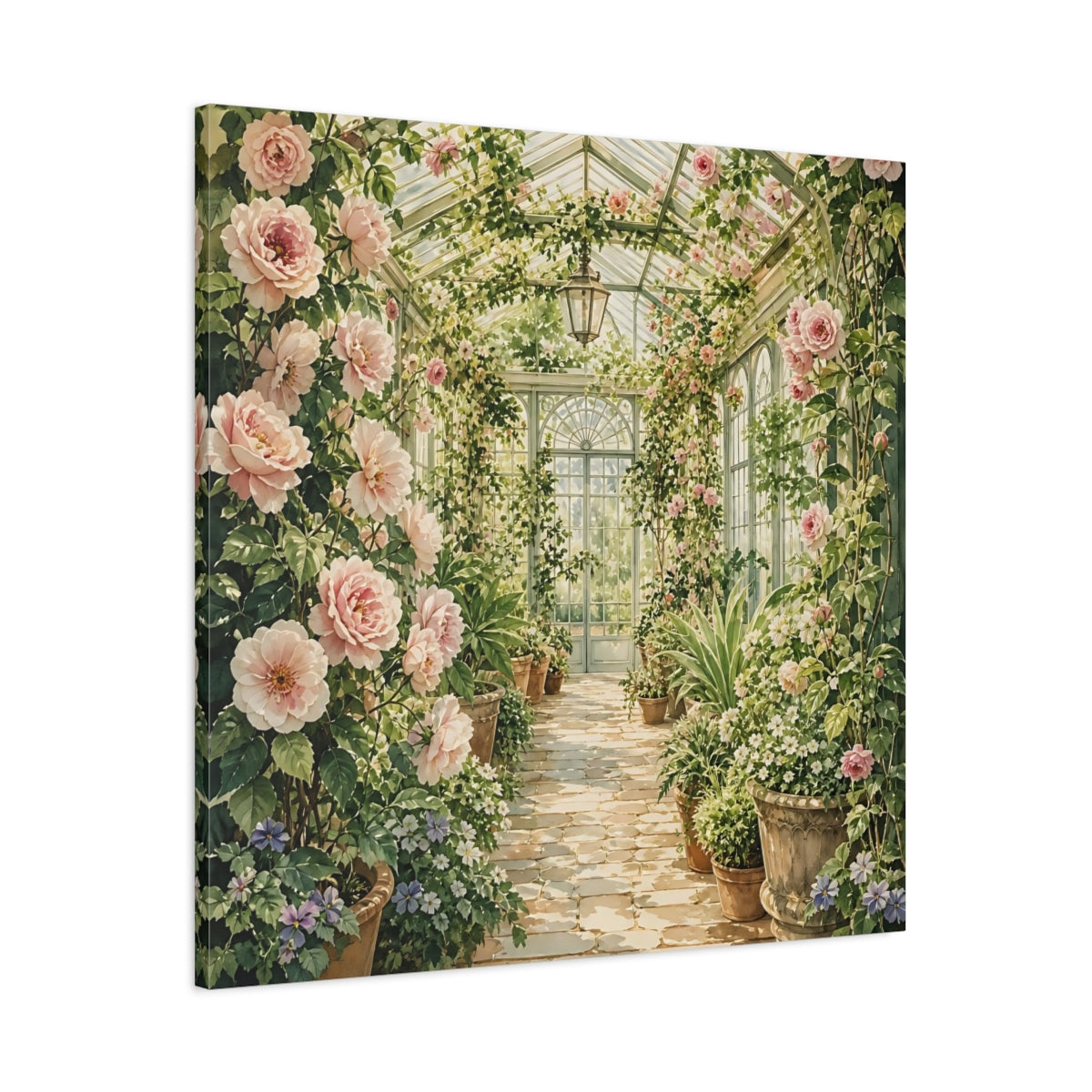 Main Mockup. Floral Floral Greenhouse Pink And Green Floral shown as stretched canvas wall art