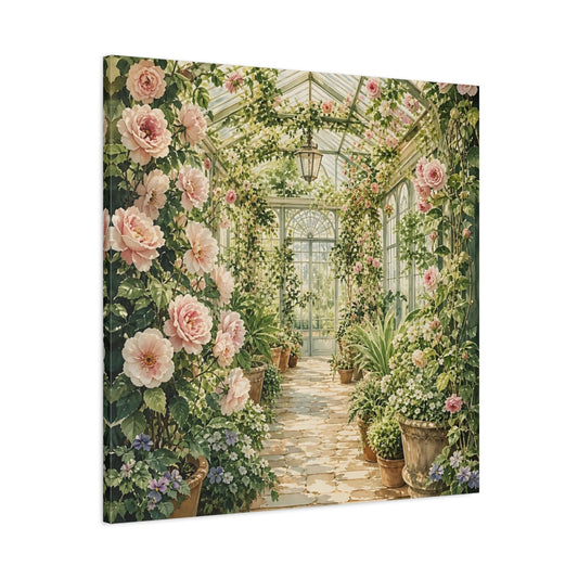 Main Mockup. Floral Floral Greenhouse Pink And Green Floral shown as stretched canvas wall art