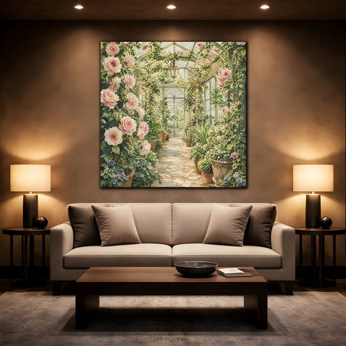 Mockup 2. Floral Floral Greenhouse Pink And Green Floral shown as stretched canvas wall art