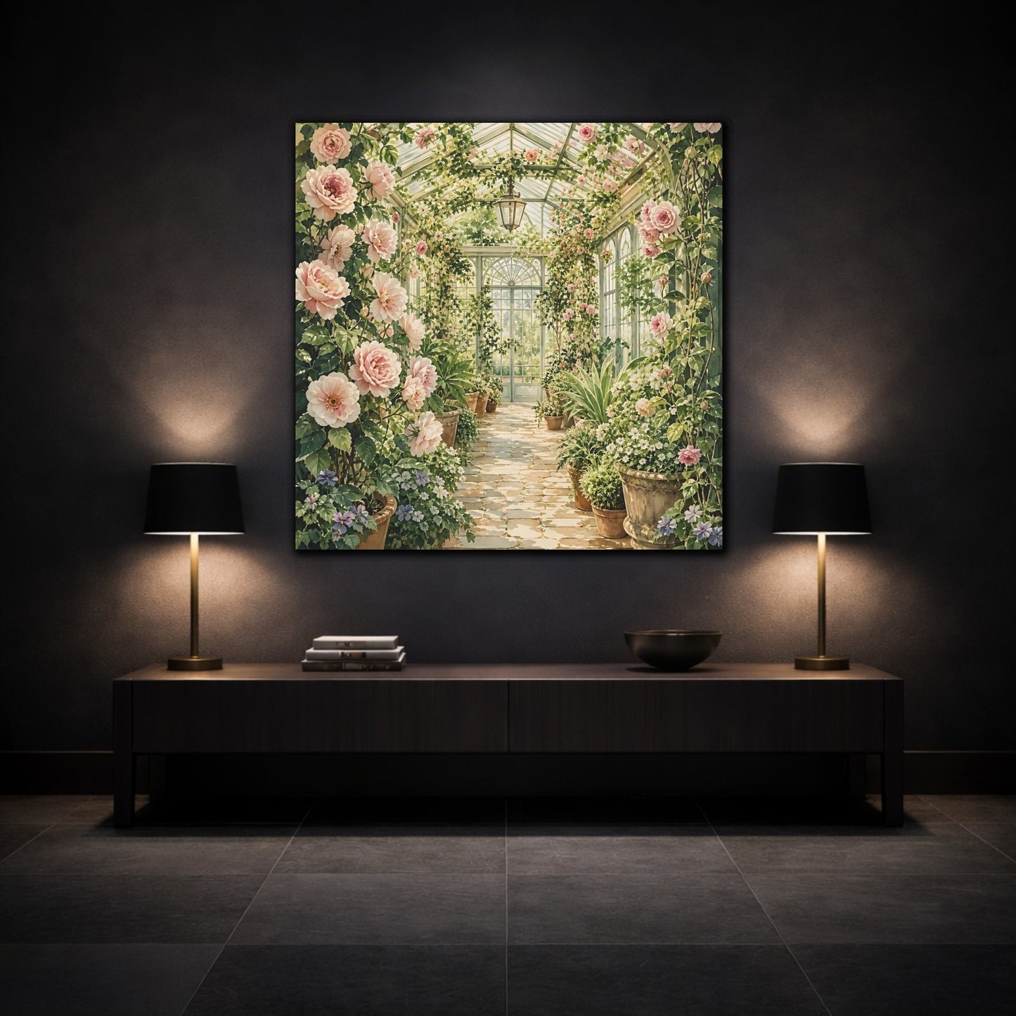 Mockup 3. Floral Floral Greenhouse Pink And Green Floral shown as stretched canvas wall art