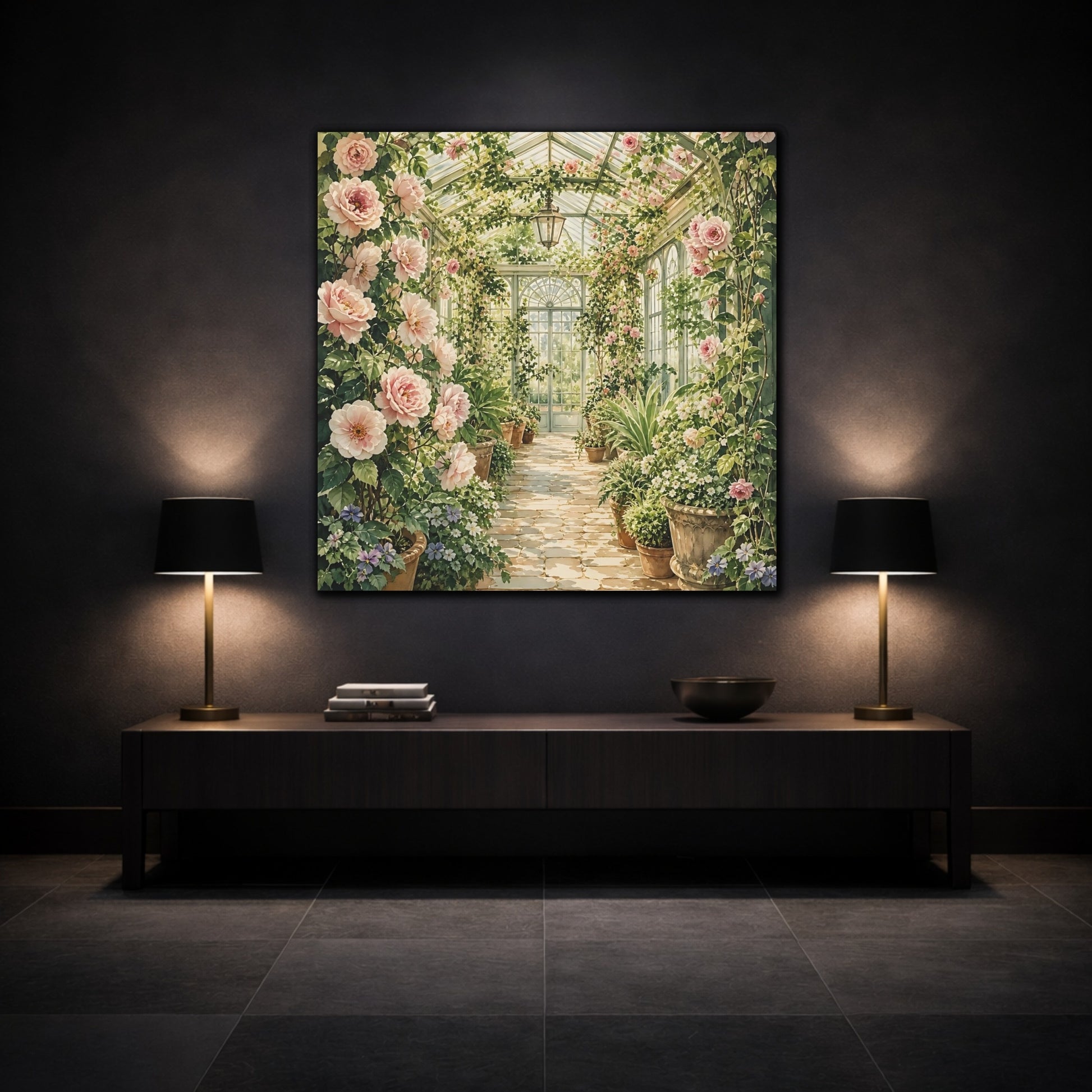 Mockup 3. Floral Floral Greenhouse Pink And Green Floral shown as stretched canvas wall art