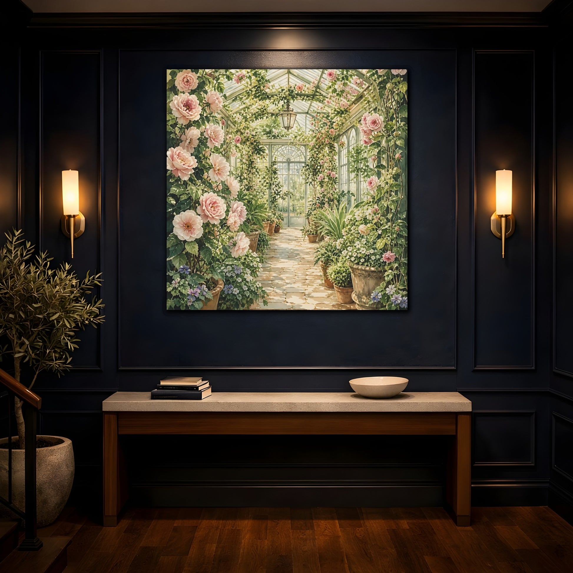 Mockup 4. Floral Floral Greenhouse Pink And Green Floral shown as stretched canvas wall art