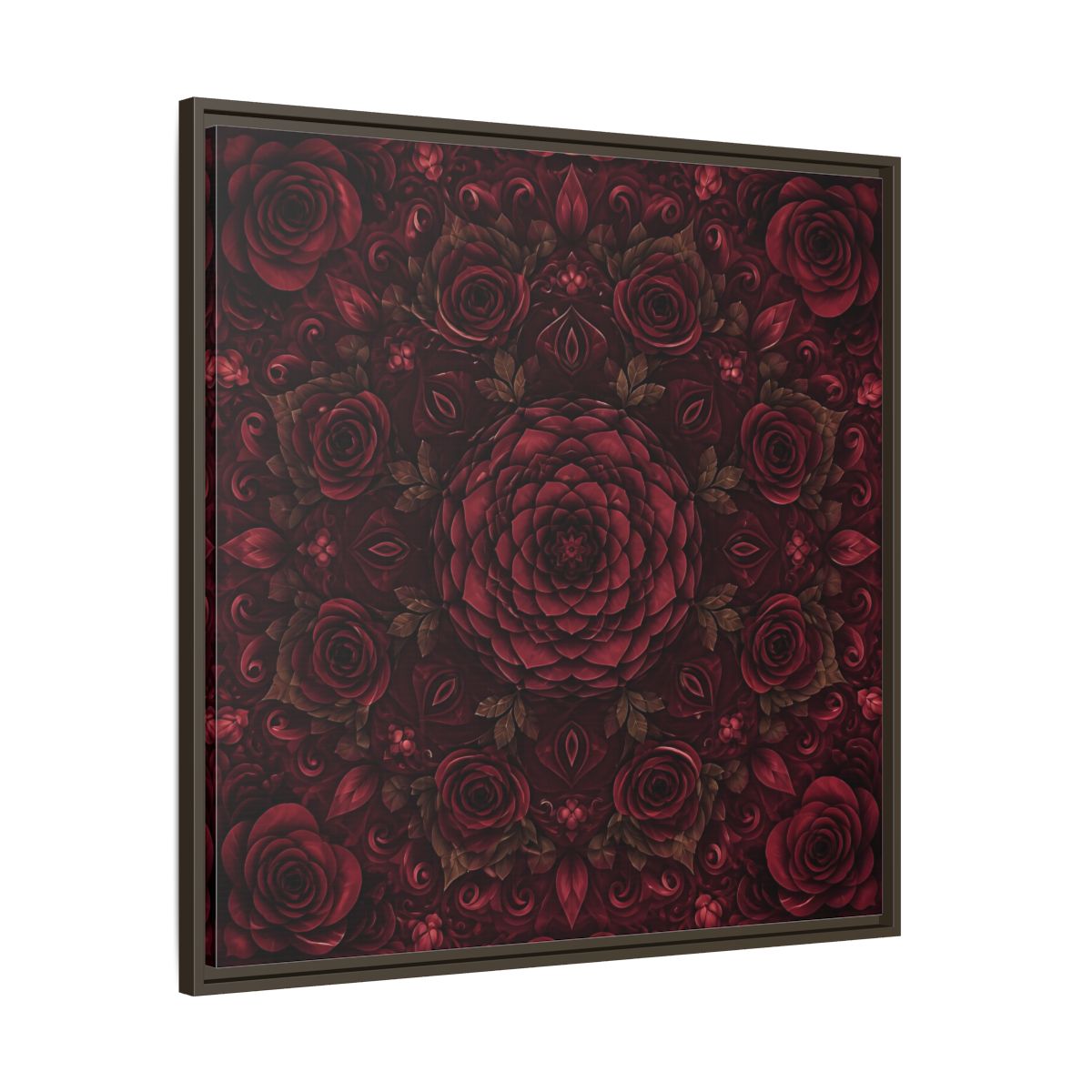 Main Mockup. Floral Floral Mandala Deep Red Floral shown as framed canvas print