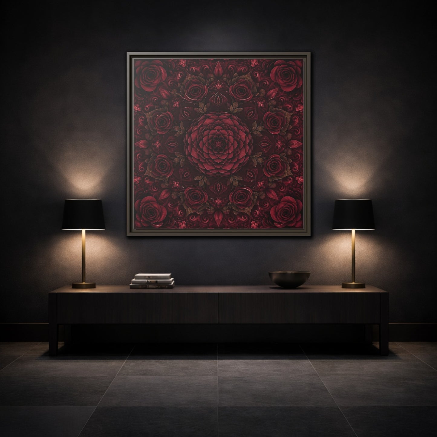 Mockup 3. Floral Floral Mandala Deep Red Floral shown as framed canvas print