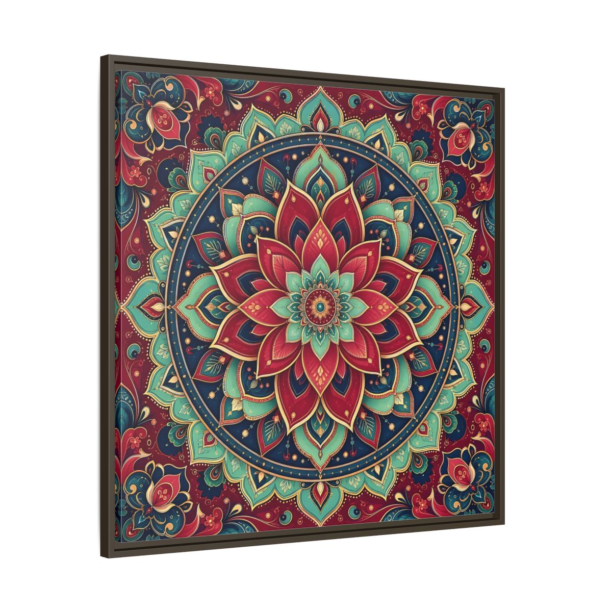 Main Mockup. Floral Floral Mandala Red Teal Mandala shown as framed canvas print