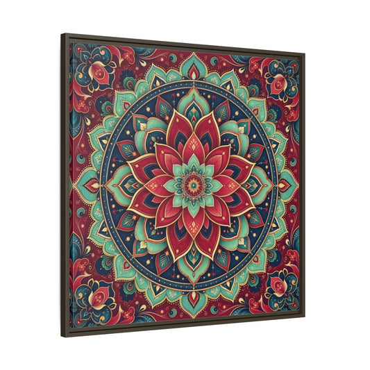 Main Mockup. Floral Floral Mandala Red Teal Mandala shown as framed canvas print