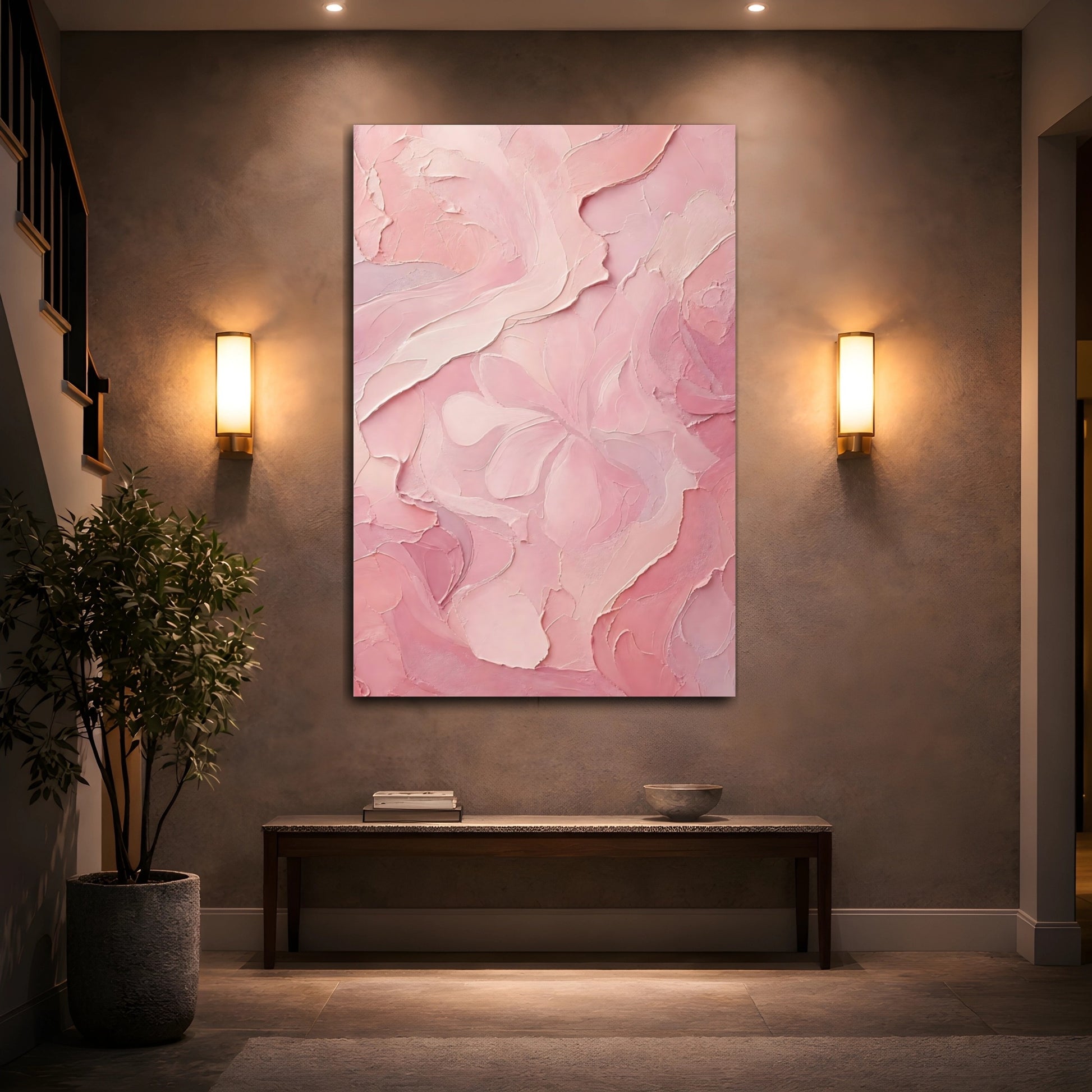 Mockup 2. Floral Floral Texture Pink Floral Abstract shown as stretched canvas wall art