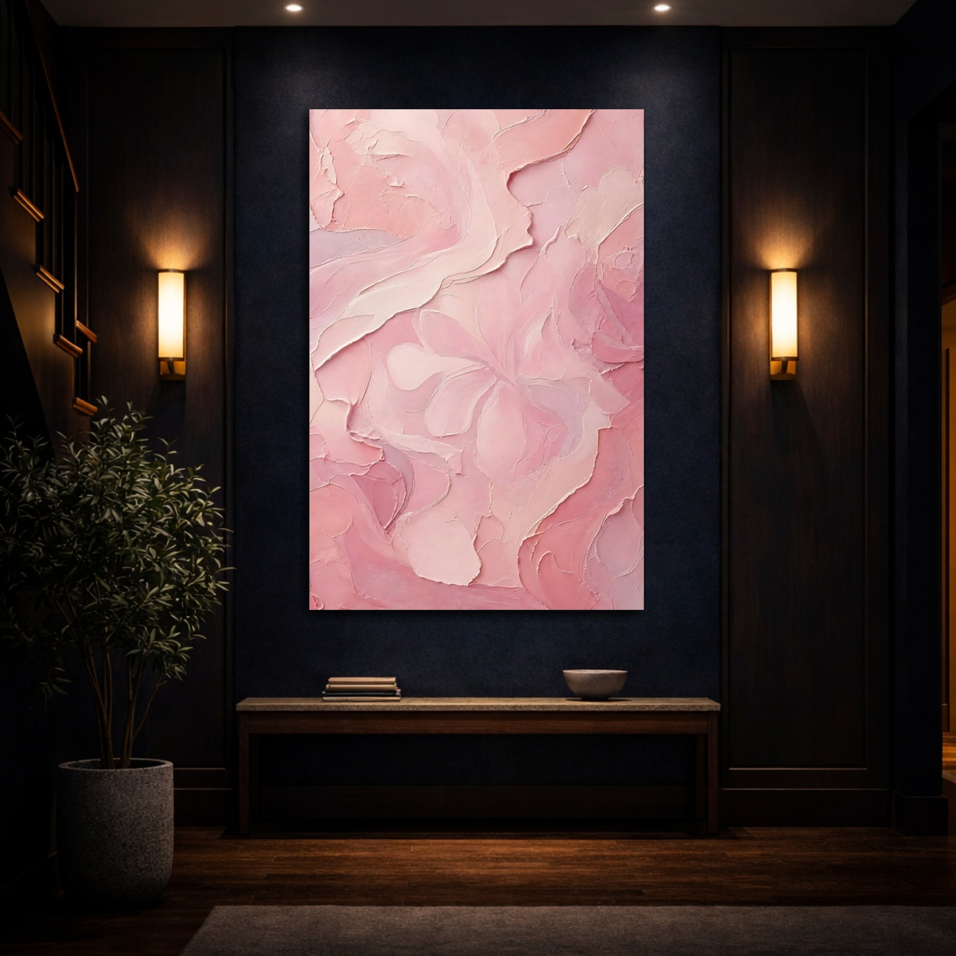 Mockup 4. Floral Floral Texture Pink Floral Abstract shown as stretched canvas wall art