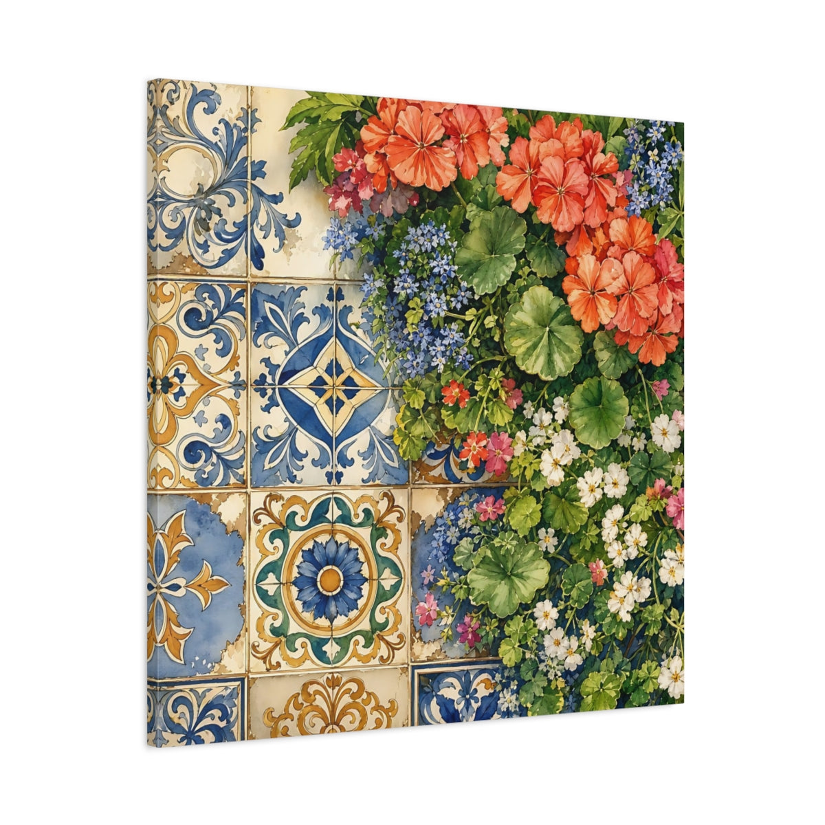 Main Mockup. Floral Floral Tiles Colorful Floral Tiles shown as stretched canvas wall art