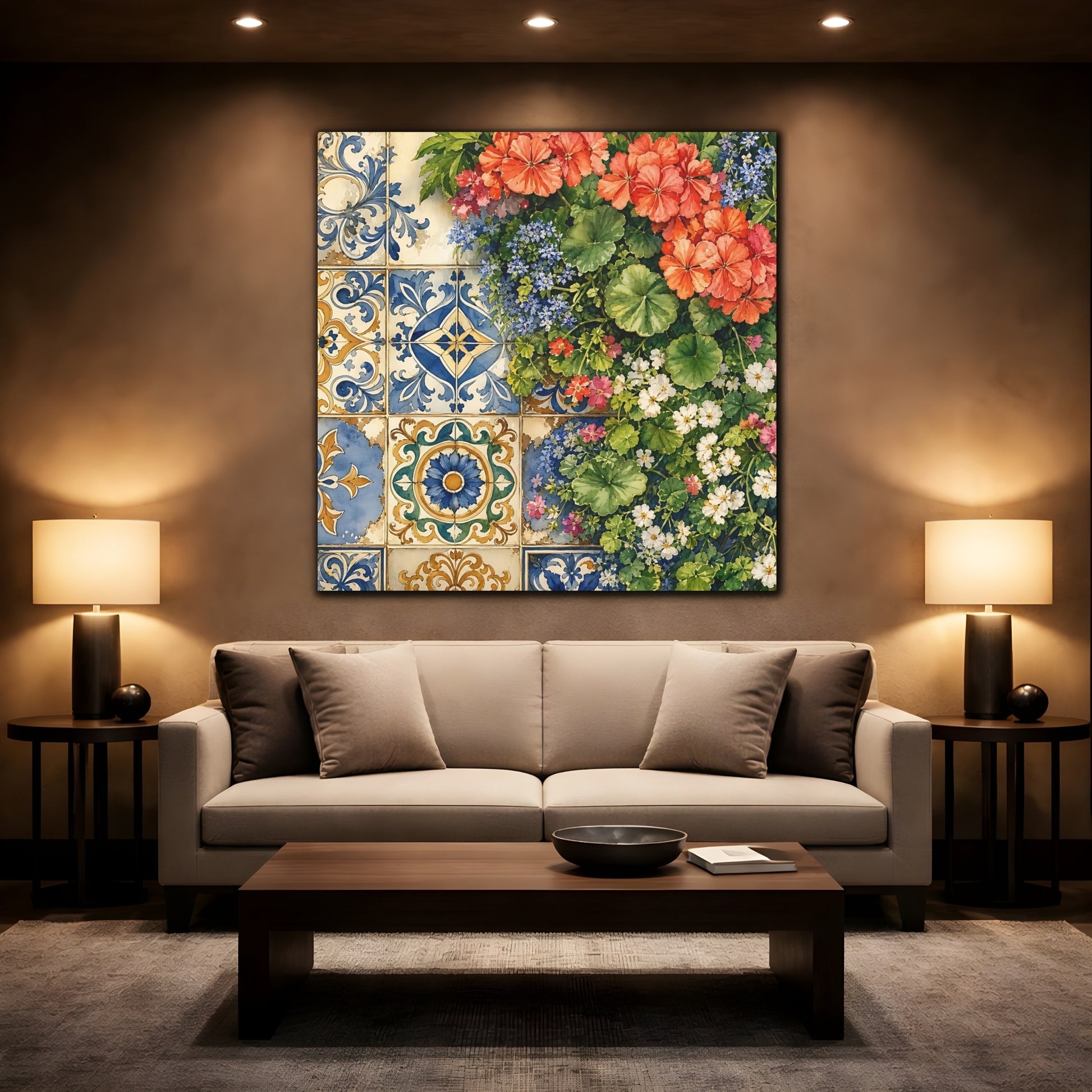 Mockup 2. Floral Floral Tiles Colorful Floral Tiles shown as stretched canvas wall art