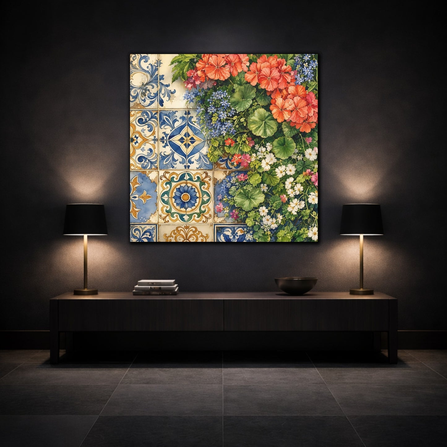Mockup 3. Floral Floral Tiles Colorful Floral Tiles shown as stretched canvas wall art