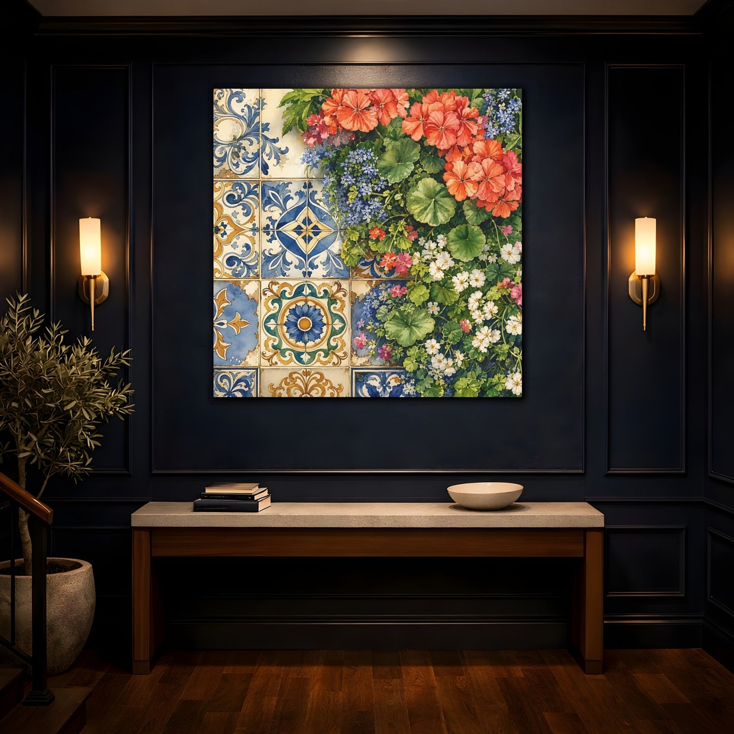 Mockup 4. Floral Floral Tiles Colorful Floral Tiles shown as stretched canvas wall art