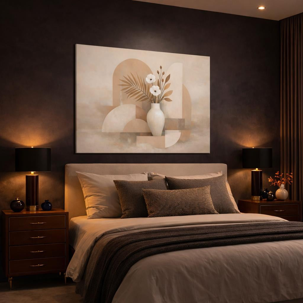 Floral Floral Vase Beige Floral shown as canvas wall art in a luxury bedroom