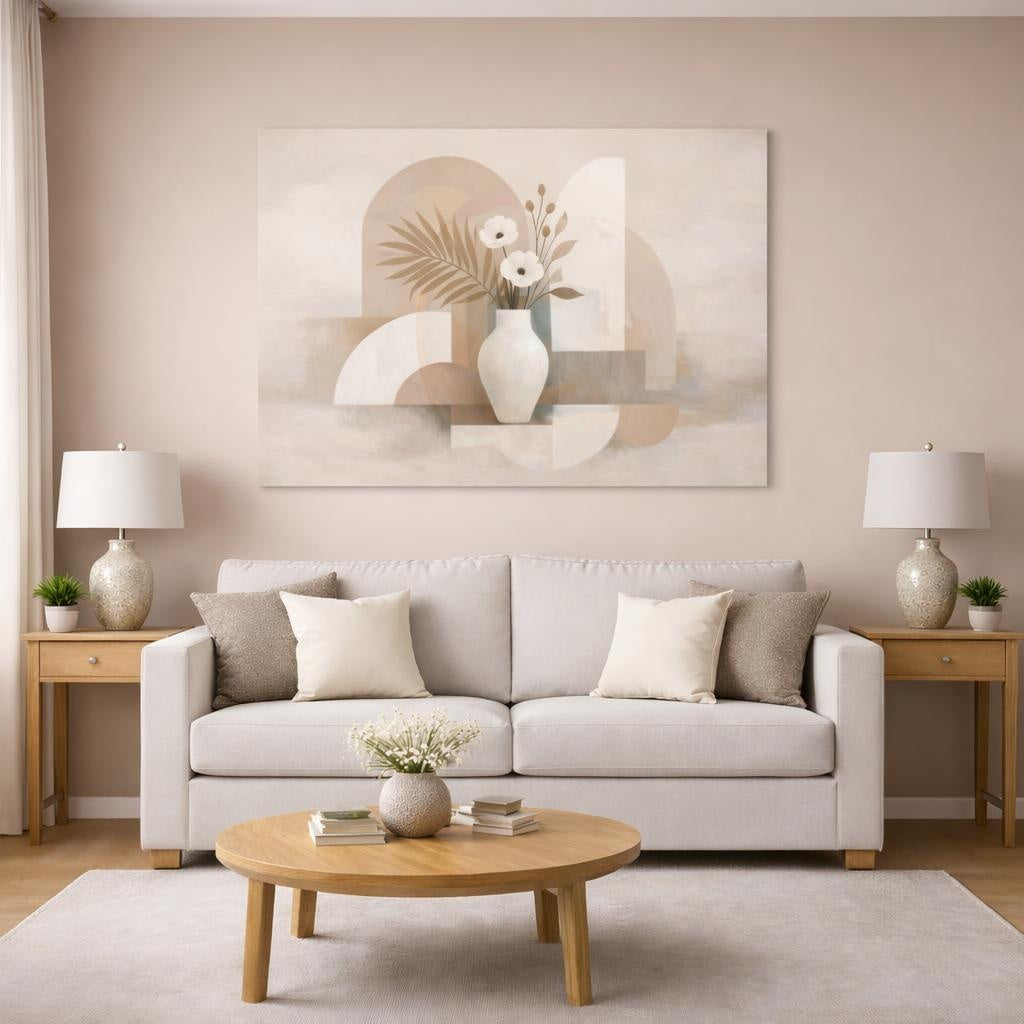 Floral Floral Vase Beige Floral shown as canvas wall art in a modern living room