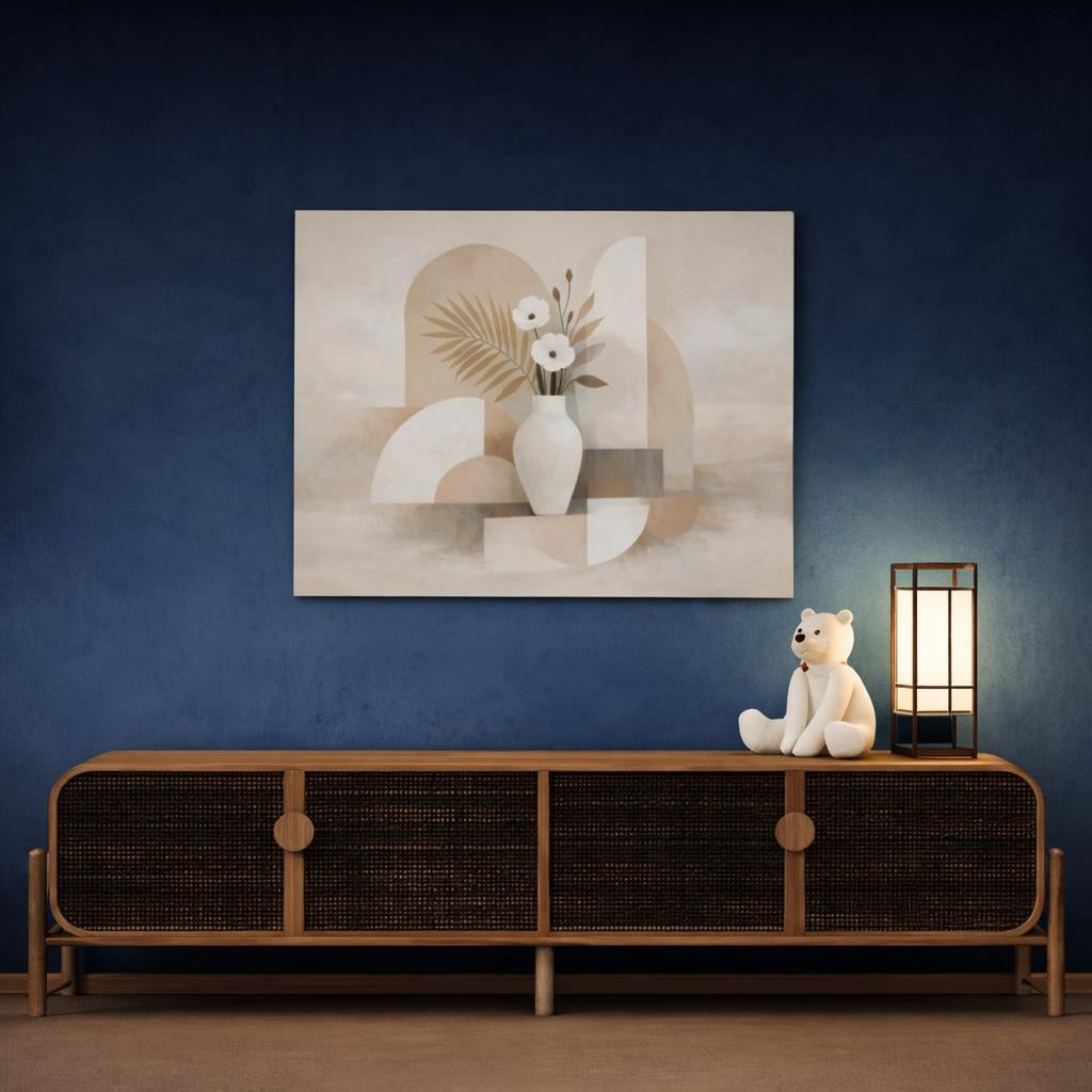Floral Floral Vase Beige Floral shown as canvas wall art in a refined dining room