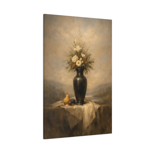 Main Mockup. Floral Floral Vase Cream And Brown Still Life shown as stretched canvas wall art