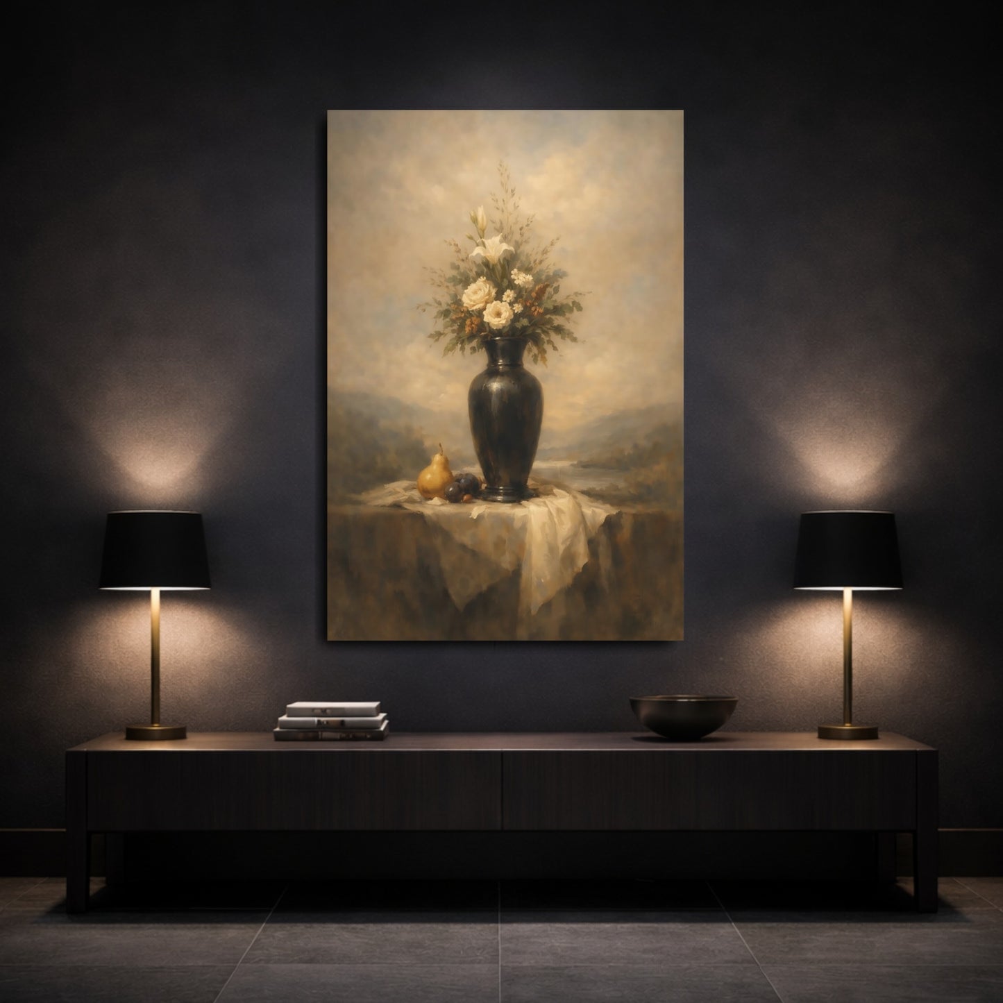 Mockup 2. Floral Floral Vase Cream And Brown Still Life shown as stretched canvas wall art