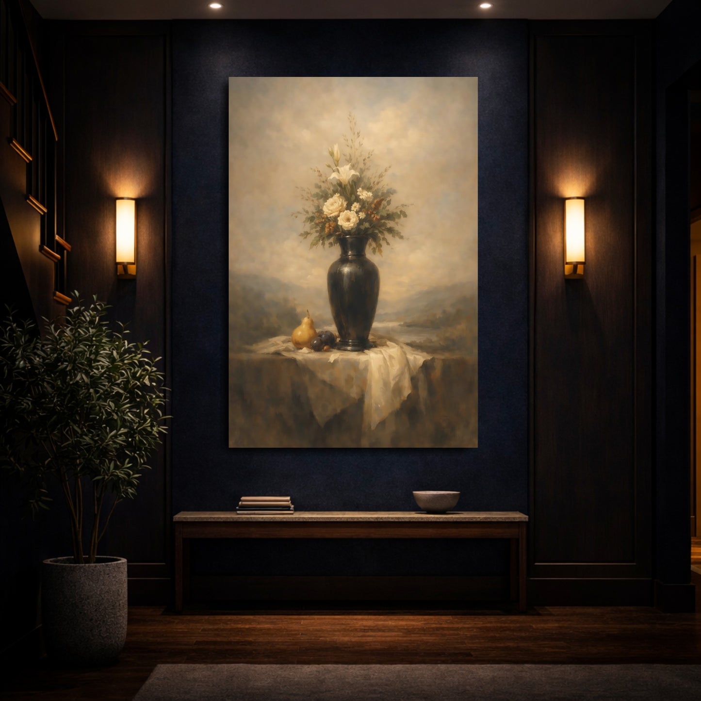 Mockup 3. Floral Floral Vase Cream And Brown Still Life shown as stretched canvas wall art